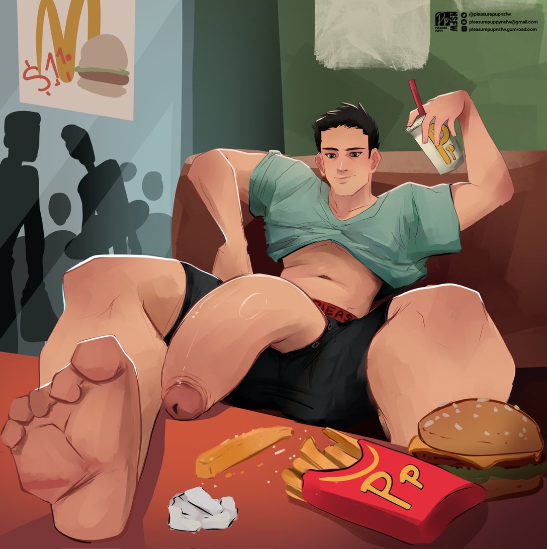 1boy, balls, bara, big penis, black hair, cocky, dad (japanese mcdonald's commercial), dilf, feet, fit, fit male, food, foot focus, foreskin, gay, gay male, huge cock, human, hyper penis, large penis, male, male only, mcdonald's, penis, penis through fly, pleasurepuppynsfw, public, smile, uncircumcised, uncut, yaoi, yoru mac