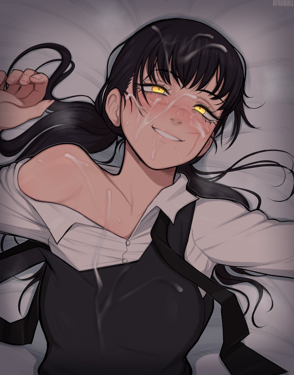 afrobull after_sex black_hair blush breasts buttons chainsaw_man clothed clothing collared_shirt cum cum_on_body cum_on_breasts cum_on_hair facial female fully_clothed highres long_hair messy_hair mitaka_asa one_shoulder_exposed open_mouth rolling_eyes school_uniform shirt smile solo upper_body white_shirt yellow_eyes yoru_(chainsaw_man)