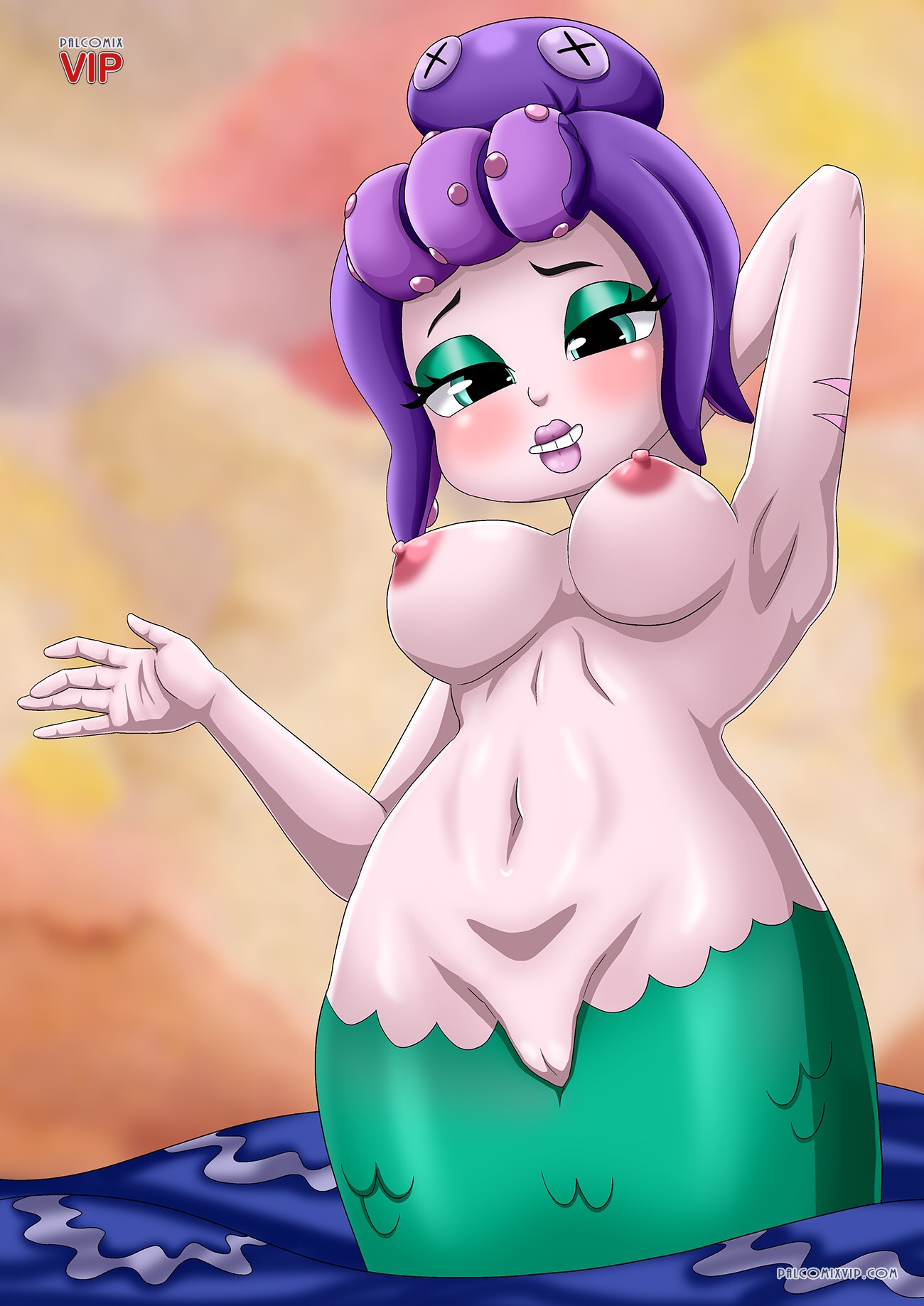 1girls, areolae, bbmbbf, blue eyes, blush, breasts, cala maria, cuphead (game), female, female only, lipstick, merfolk, mermaid, nipples, octopus, palcomix, palcomix vip, palcomixvip.com, pussy, scar, solo, solo female, teeth, water