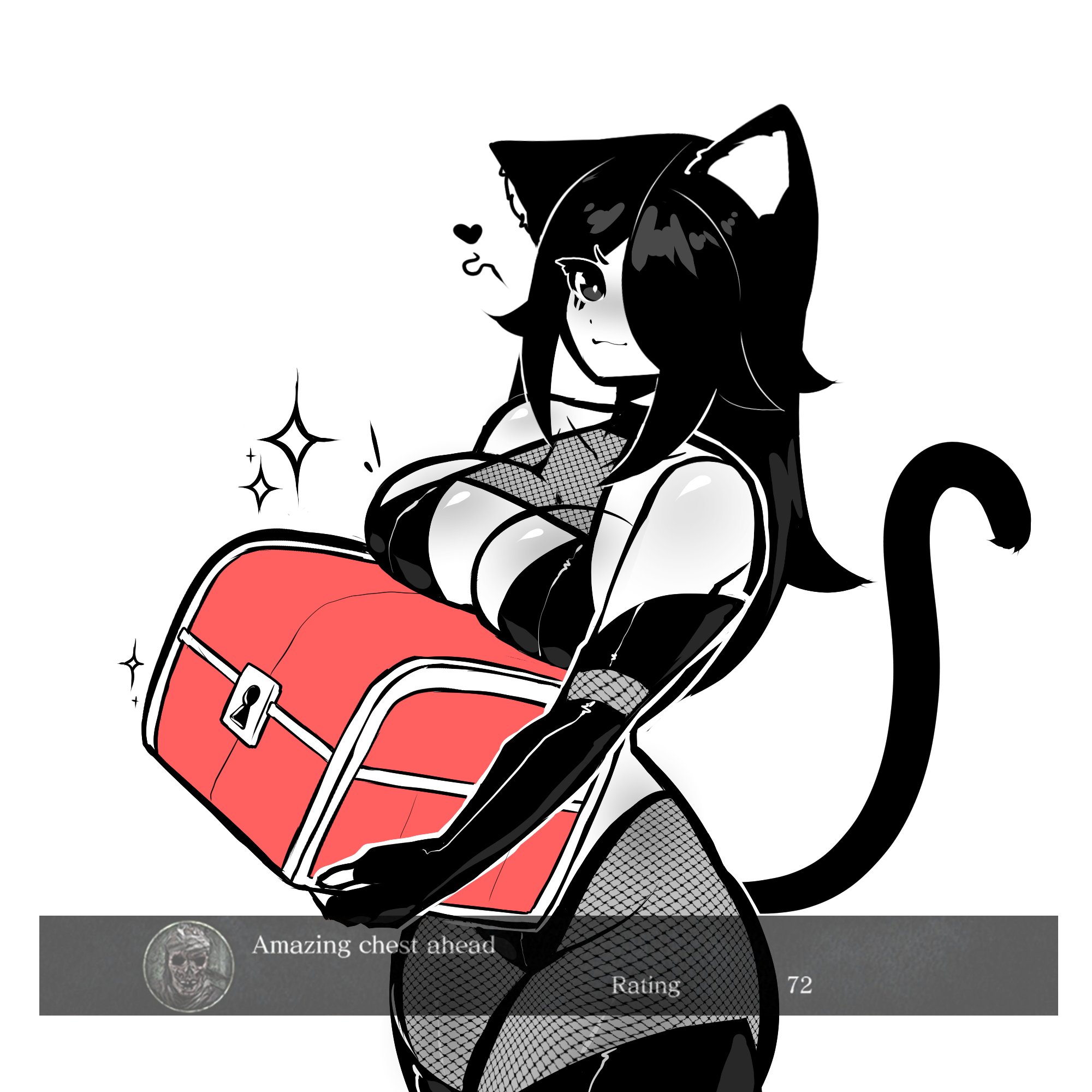 1girls, 2024, animal ears, black eyes, black hair, blush, breast lift, breasts, cat ears, cat girl, cat tail, catgirl, catte (tekona), chest, cleavage, dark souls, elbow gloves, english text, facial markings, female, fingerless gloves, fishnet pantyhose, fishnets, gloves, hair over one eye, heart, holding object, large breasts, long gloves, long hair, looking at viewer, original, sparkles, standing, tagme, tail, tekona, text, thighhighs, thighhighs over fishnets, thighs, treasure chest