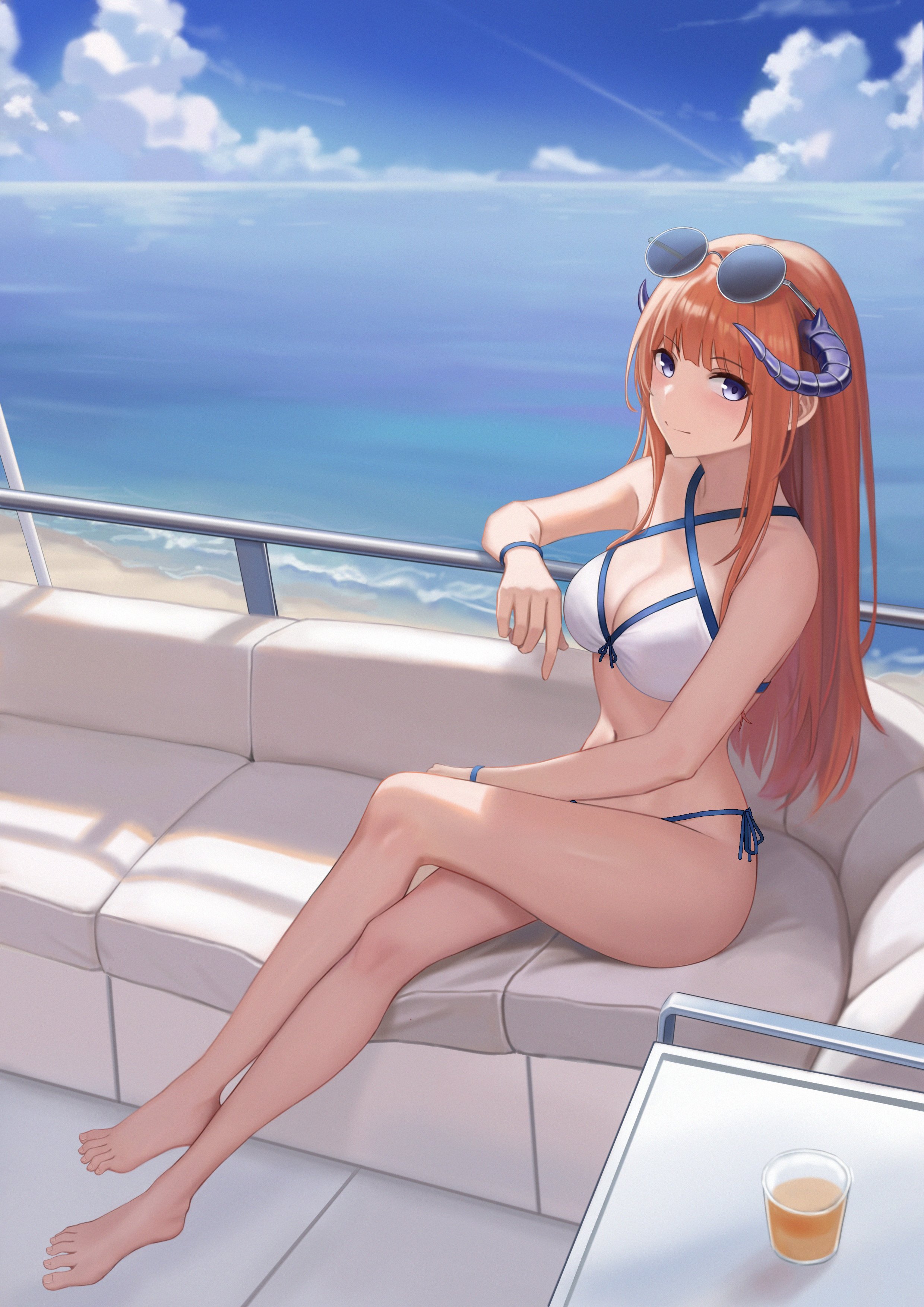 1girls, arknights, bagpipe (arknights), barefoot, blue eyes, blush, bracelet, breasts, cleavage, crossed legs, feet, female, female only, gaai111, hand on railing, horns, legs, light skin, light-skinned female, long hair, looking at viewer, orange hair, sea, sitting, sky, smile, solo, sunglasses on head, swimsuit