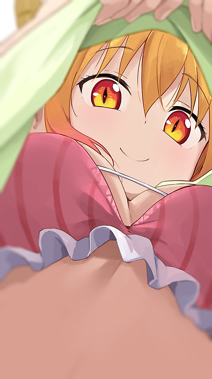 big breasts, blush, bra, breasts, close-up, female, female only, hiroki yyqw7151, horn, long hair, looking at viewer, looking through clothes, miss kobayashi's dragon maid, presenting, pull out, red eyes, red hair, smile, tagme, tohru (dragon maid), underwear, viewed from below