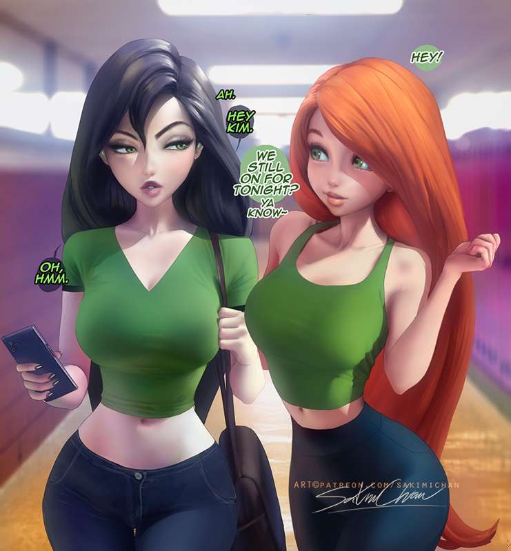 2girls, big breasts, black hair, breasts, disney, english text, female, female only, ginger hair, handbag, kim possible, kimberly ann possible, long hair, multiple females, multiple girls, phone, sakimichan, shego, text