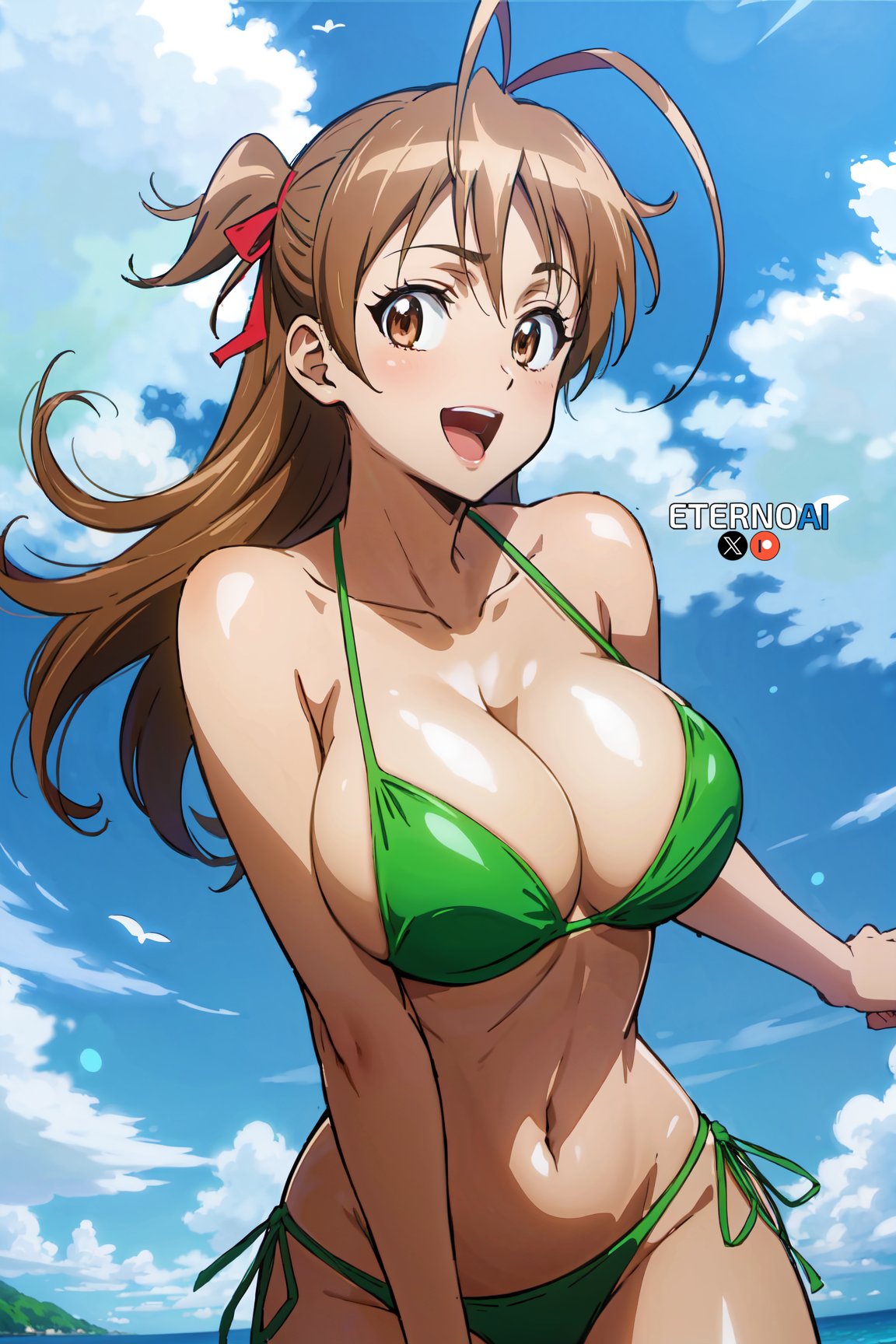 1girls ai_generated bare_arms bare_legs bare_shoulders bare_thighs beach big_breasts bikini bikini_bottom bikini_top blush brown_eyes brown_hair color eternoai female female_focus female_only hi_res highschool_of_the_dead large_breasts light-skinned_female light_skin long_hair looking_at_viewer open_mouth rei_miyamoto solo solo_female swimsuit swimwear tagme thick_thighs