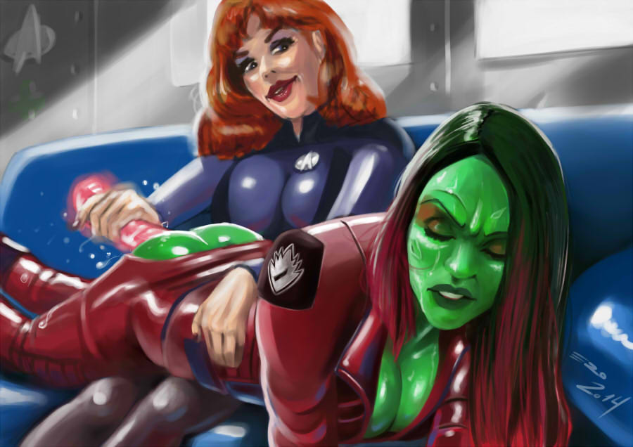 2014 2d 2girls alien alien_girl alien_humanoid ambiguous_penetration anal_dildo beverly_crusher big_ass bodysuit breasts cleavage closed_eyes clothed_sex crossover dildo duo endured_face eyeshadow female female_only gamora gradient_hair green-skinned_female green_skin guardians_of_the_galaxy human human_on_humanoid humanoid interspecies interspecies_yuri large_breasts light-skinned_female light_skin lipstick makeup marvel marvel_cinematic_universe multiple_girls orange_hair pain psicoero pussy_juice red_lipstick sex_toy spaceship spaceship_interior star_trek star_trek_the_next_generation starfleet_insignia starfleet_uniform tight_clothing tight_fit window yuri zoe_saldana