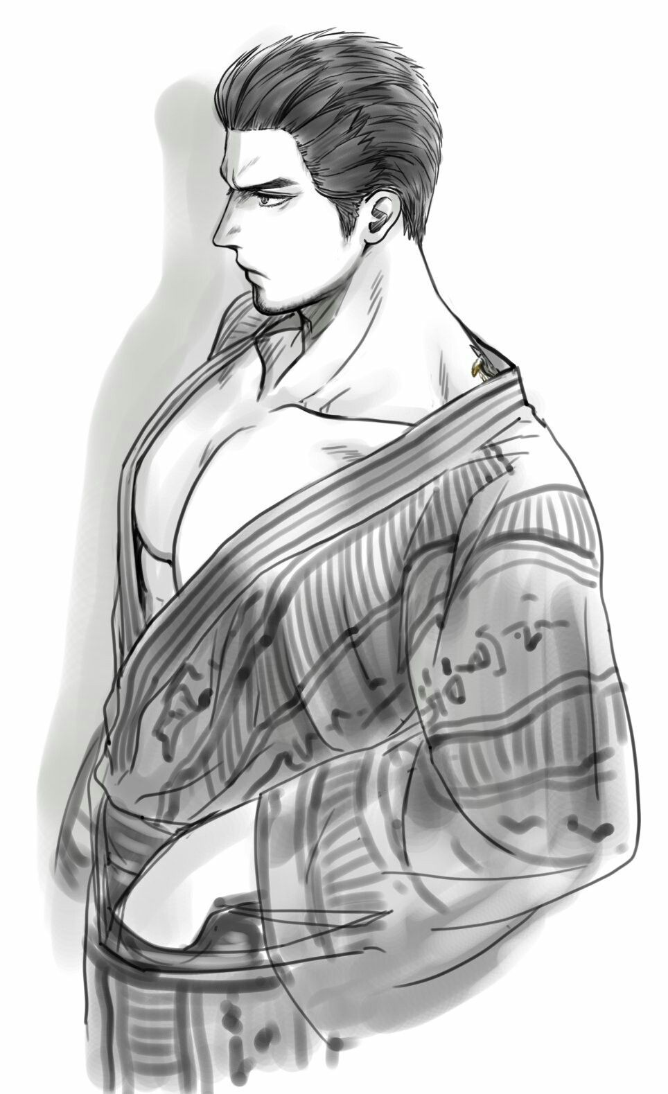 1boy big_pecs chest japanese japanese_clothes kimono kiryu_kazuma large_pecs male_only monochrome muscular muscular_male no_color pecs ryuu_ga_gotoku safe sega serious_look simple_background simple_shading solo_male tagme unknown_artist white_background