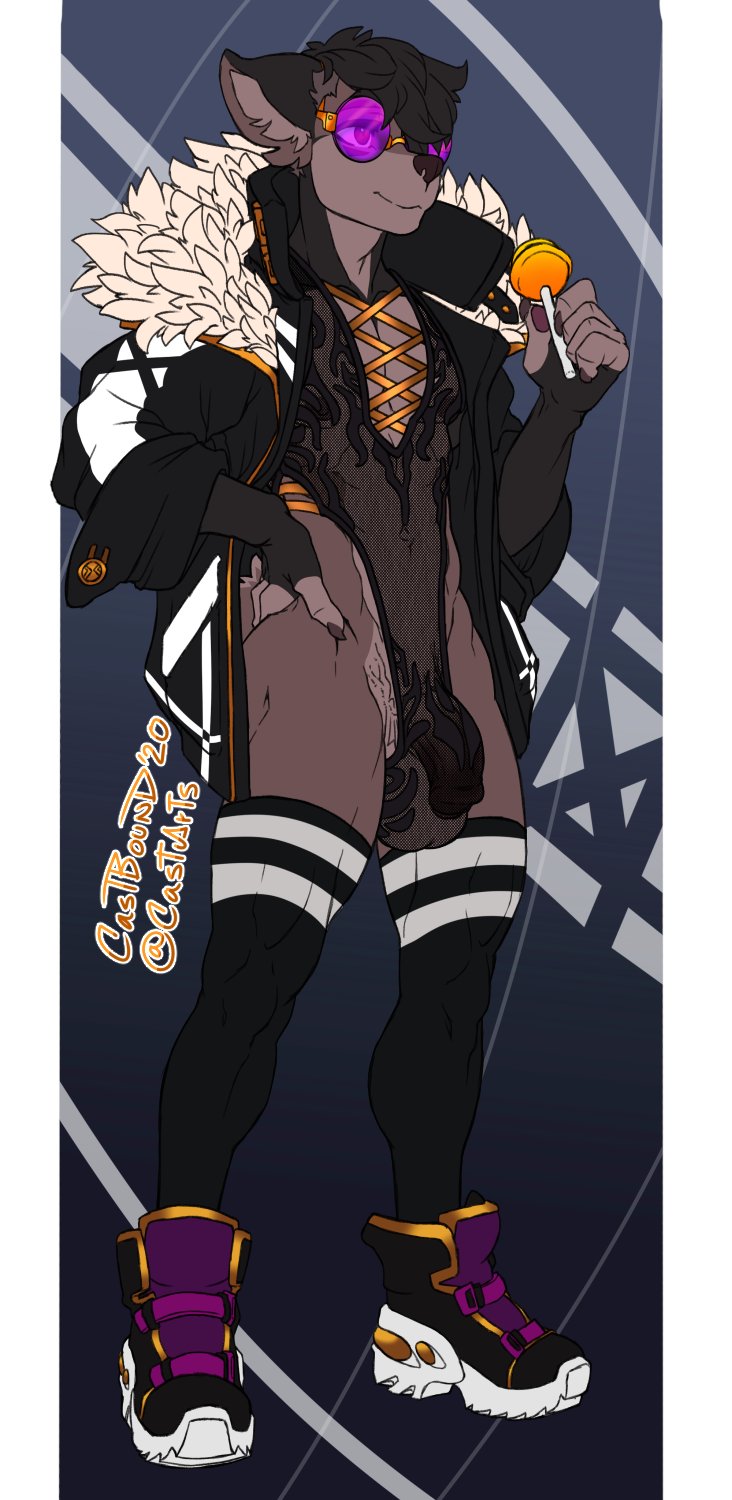 anthro balls brown_body bulge candy canid canine canis castbound clothing dessert domestic_dog eyewear food footwear genitals glasses hi_res jacket legwear lollipop male mammal model muscular muscular_anthro muscular_male net penis plantigrade pose seductive shoes sneakers solo stockings topwear