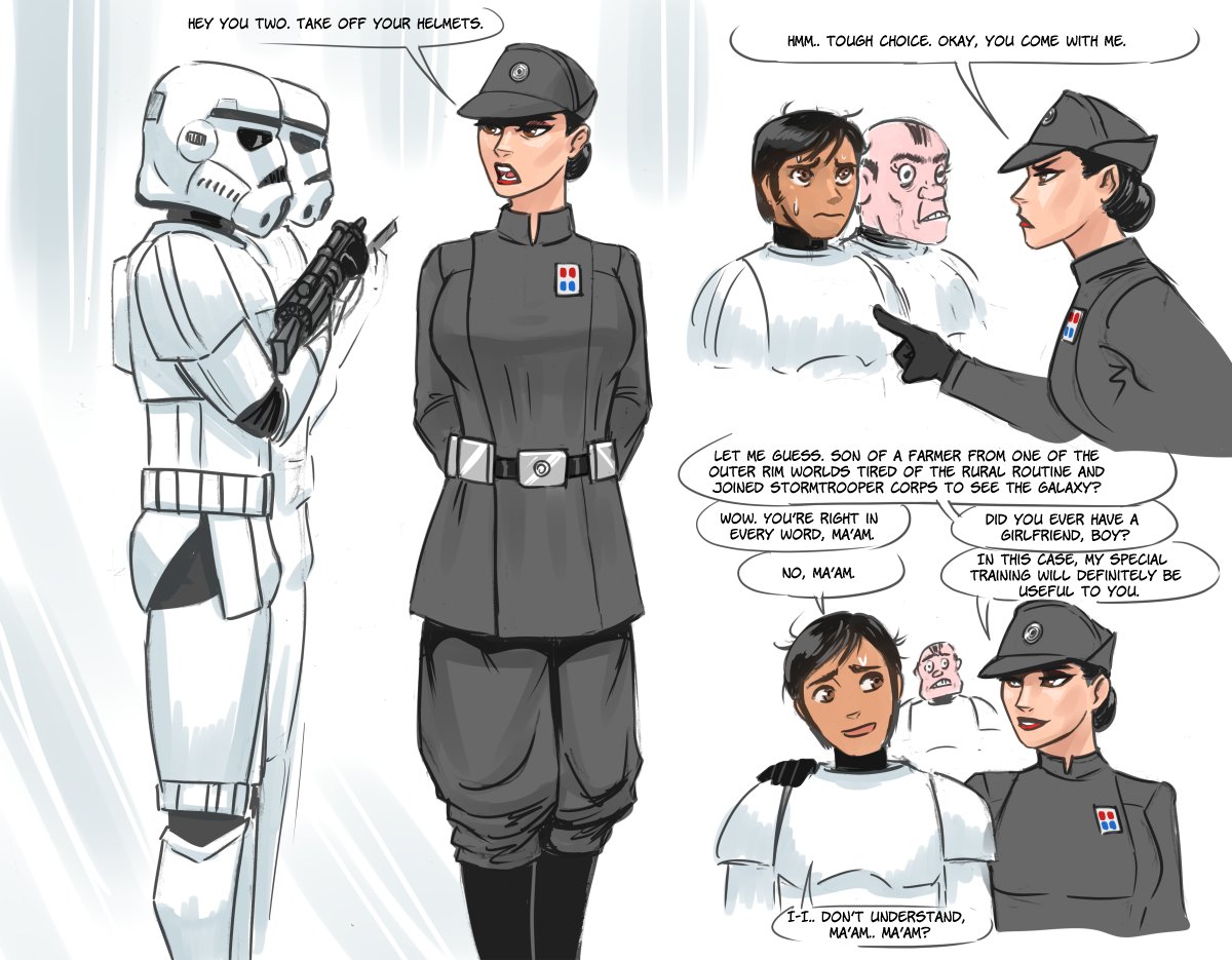 1girls, 2boys, armor, before sex, belt, big breasts, black hair, blaster (star wars), boots, breasts, clothing, comic, dialogue, digital media (artwork), dominant female, english text, female, female domination, female focus, femdom, flick, gloves, grey clothing, hat, helmet, human, imperial officer (star wars), lipstick, makeup, male, malesub, speech bubble, star wars, stormtrooper, submissive male, text, uniform