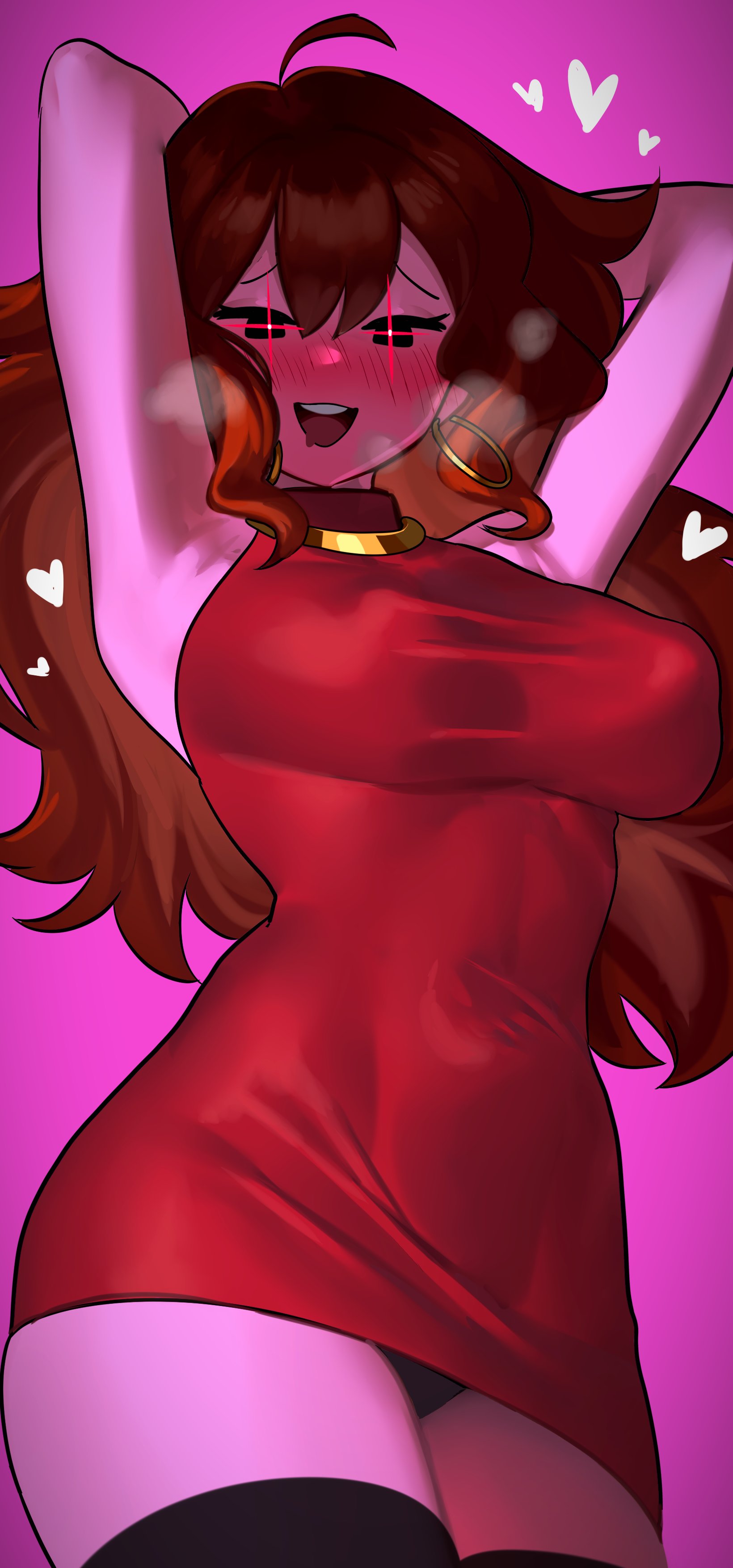 absurdres, armpits, arms behind head, arms up, arms up pose, blush, breasts, breath, colored skin, covered navel, covered nipples, cowboy shot, demon, demon girl, dress, earrings, female, friday night funkin, girlfriend (friday night funkin), gradient, gradient background, heart, highres, jewelry, medium breasts, nia (nia4294), open mouth, panties, pink background, pink skin, pinup, red dress, smile, solo, tight clothing, upskirt