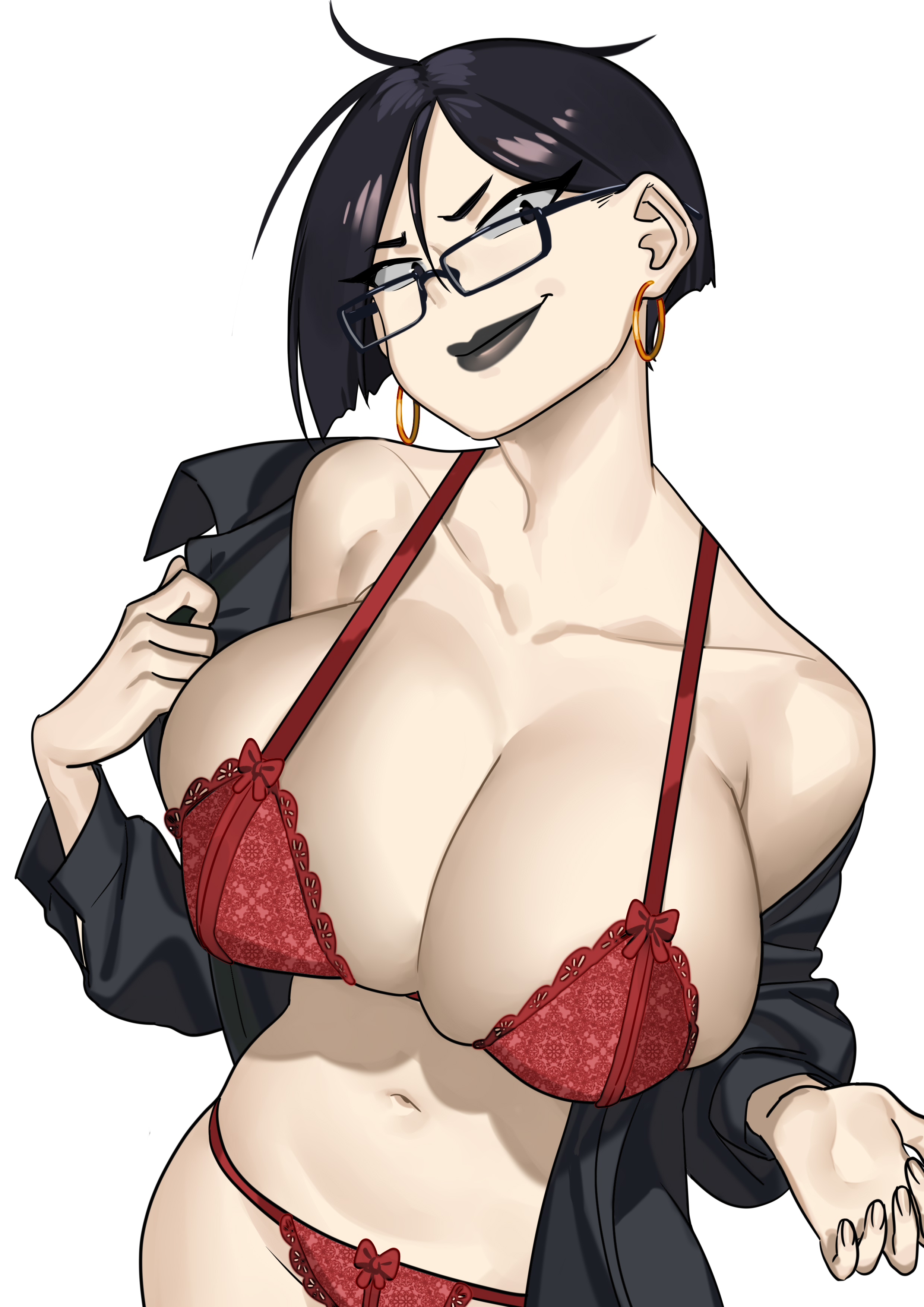 absurdres, black hair, black lips, black shirt, bra, breasts, cleavage, collarbone, commission, cowboy shot, earrings, female, glasses, glasses askew, hand up, highres, hoop earrings, huge breasts, jewelry, navel, nia (nia4294), nia4294, open clothes, open shirt, original, panties, picot trim, picot trim bra, picot trim panties, red bra, red panties, shadow, shirt, short hair, simple background, solo, underwear, very short hair, white background