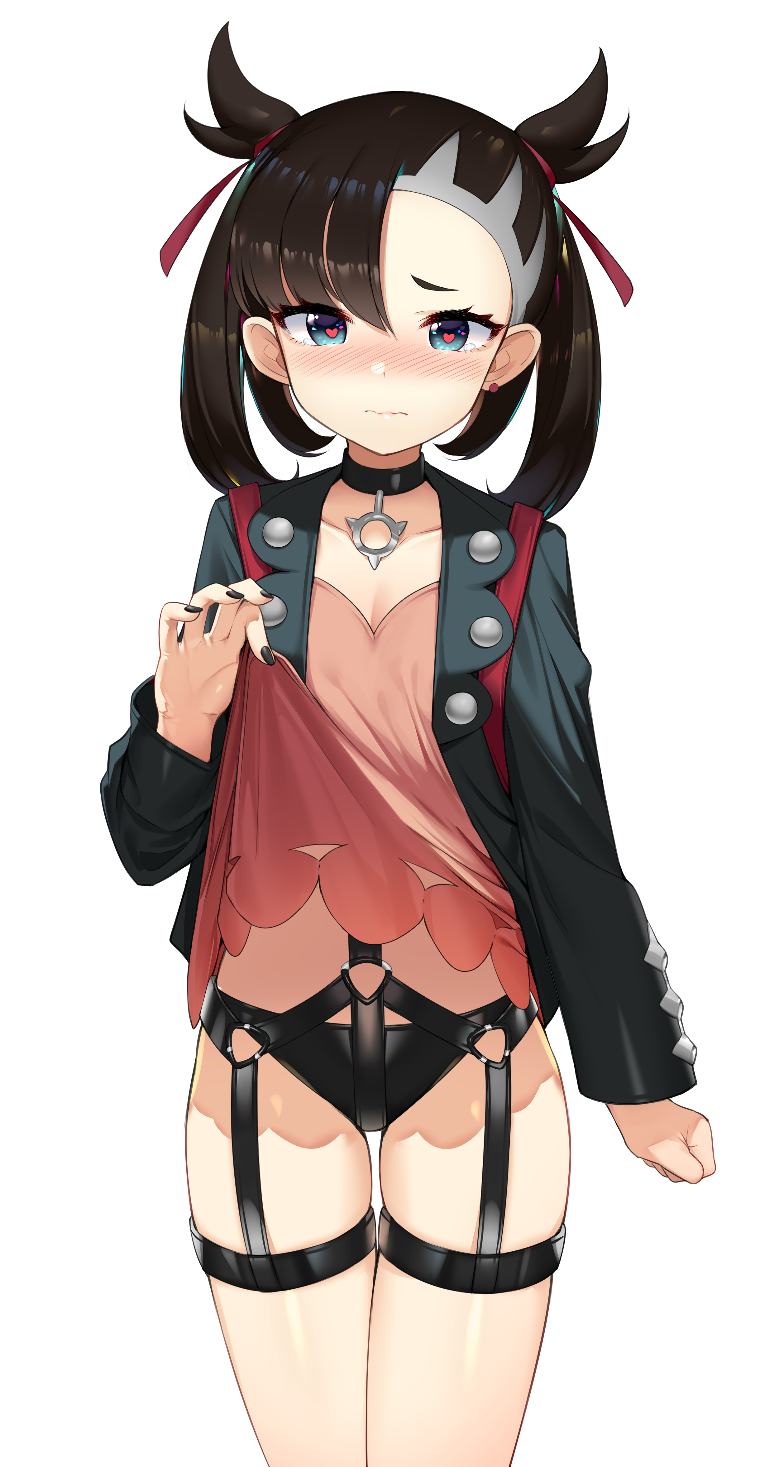 1girls, black hair, black panties, blue eyes, blush, body harness, breasts, clothed, clothing, collar, dress lift, embarrassed, female, hair ribbon, heart eyes, heart-shaped pupils, jacket, lifted by self, lifted shirt, lifting clothing, lingerie, marnie (pokemon), nail polish, necklace, nervous, nintendo, panties, pokemon, pokemon ss, revealing clothes, revealing panties, short hair, small breasts, solo, thigh gap, thighs