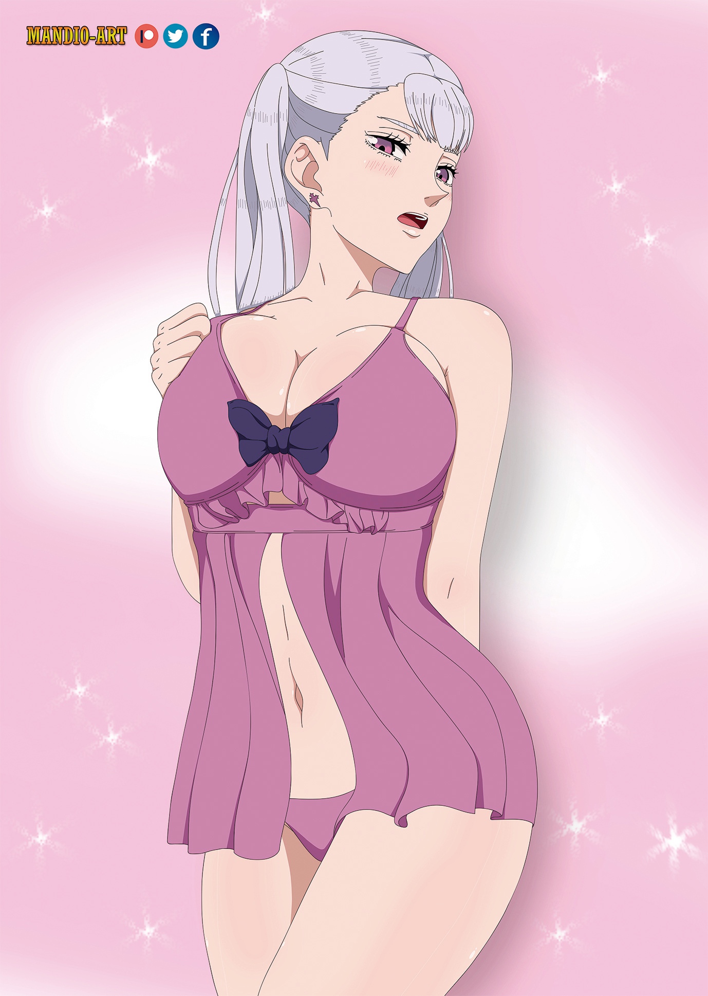 1girls, big breasts, bikini, black clover, breasts, clothed, earrings, female, female only, lingerie, looking at viewer, mandio art, negligee, noelle silva, open mouth, panties, partially clothed, pink lingerie, pink panties, silver hair, solo, thighs