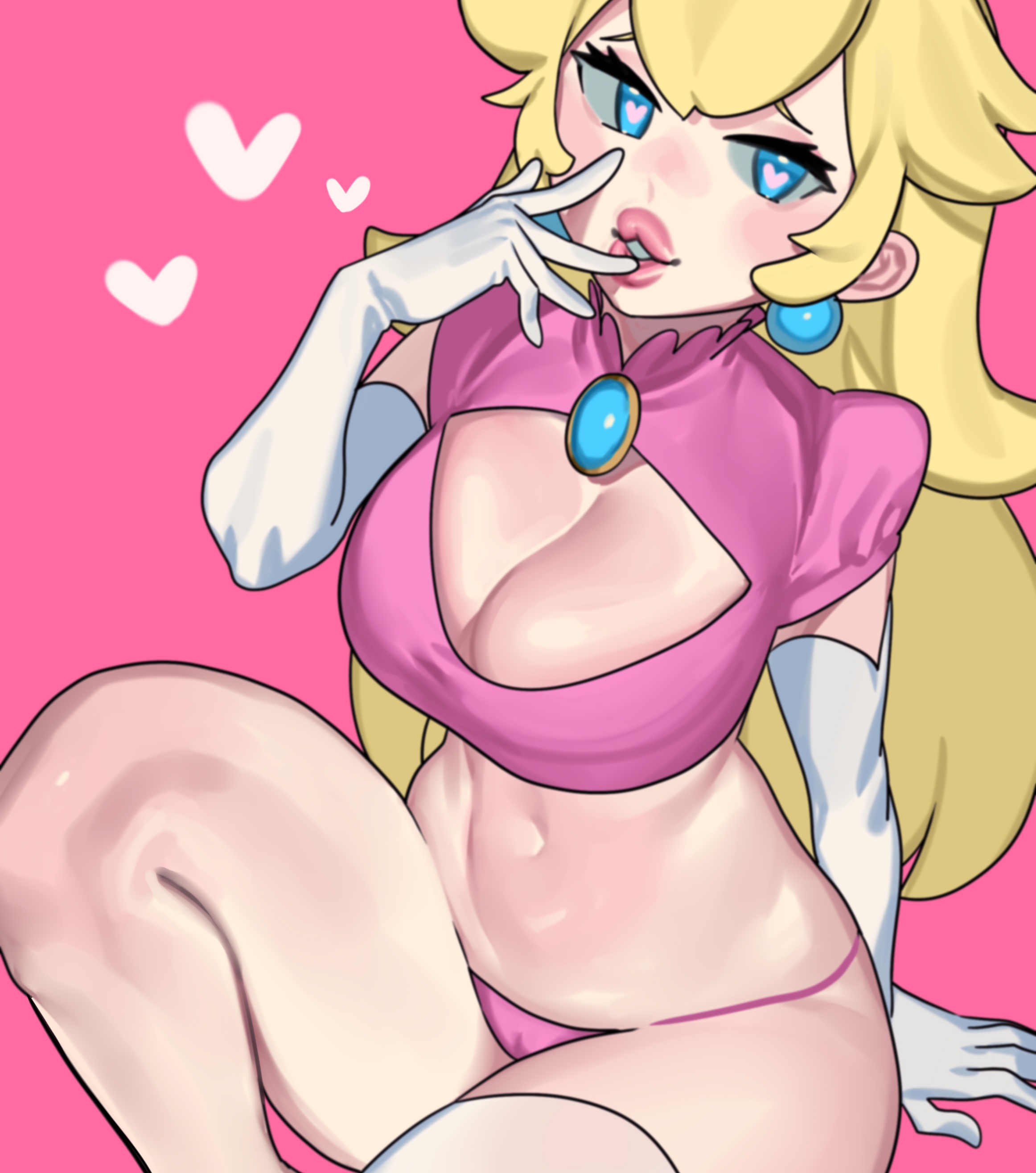 1girls, absurdres, big lips, blonde hair, blue eyes, breasts, cleavage, cleavage cutout, clothing cutout, earrings, elbow gloves, female, female only, gloves, hand up, heart, heart-shaped pupils, highres, jewelry, knee up, large breasts, lips, lipstick, long hair, looking at viewer, mario (series), navel, nia (nia4294), nintendo, panties, pink background, pink lips, pink lipstick, pink panties, princess peach, seductive, simple background, solo, symbol-shaped pupils, thick lips, underwear, white gloves