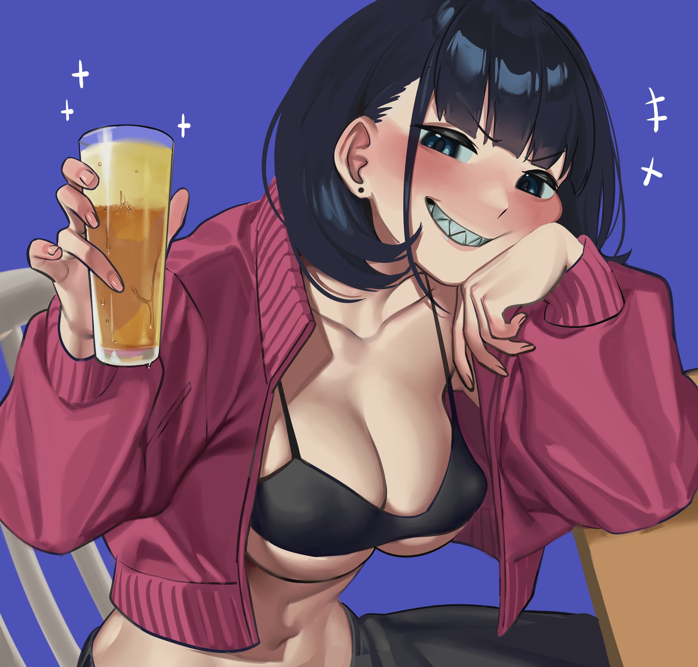 bangs, black bra, black eyes, black hair, black pants, blue background, blunt bangs, blush, bra, breasts, chair, cleavage, cup, earrings, female, highres, jacket, jewelry, long sleeves, looking at viewer, medium breasts, navel, nia (nia4294), original, pants, parted lips, pink jacket, shadow, sharp teeth, short hair, simple background, smile, solo, table, teeth, uhi (nia), underwear