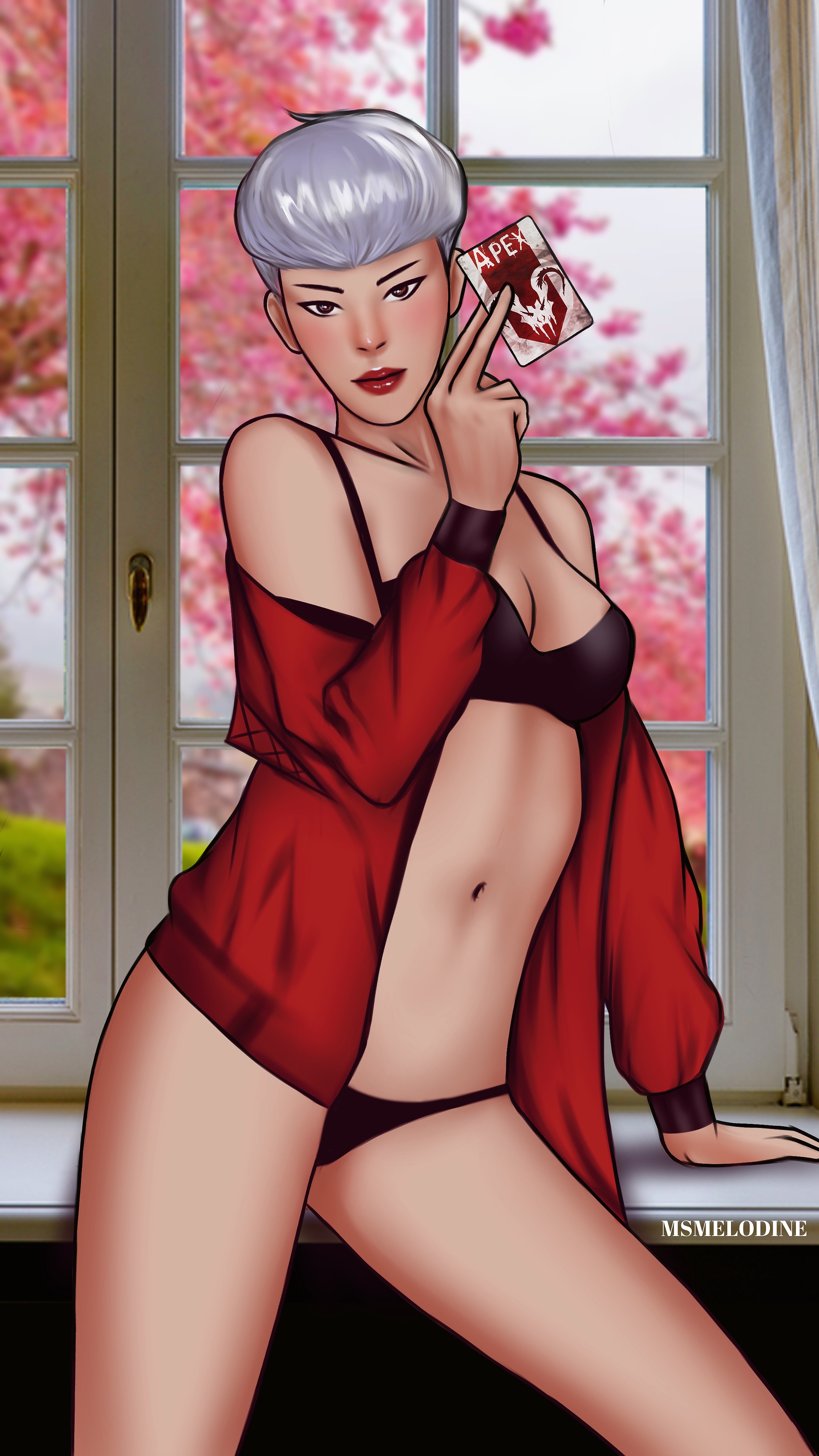 1girls, 2d, apex legends, female, female only, half-dressed, highres, lingerie, looking at viewer, msmelodine, navel, no eyewear, short hair, solo, valkyrie (apex legends), white hair