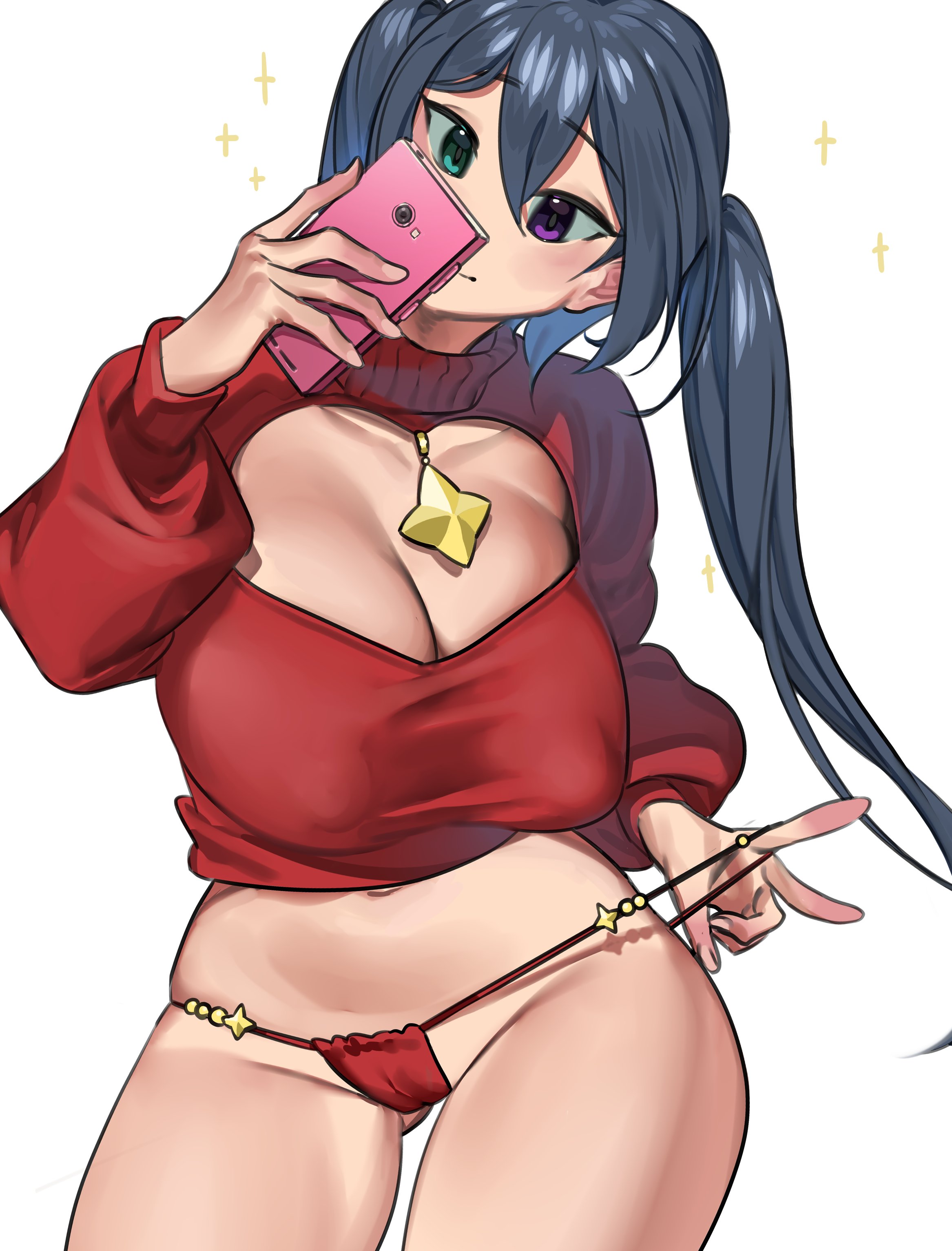 absurdres, aqua eyes, black hair, breasts, cleavage cutout, clothing cutout, covered erect nipples, female, hair between eyes, heterochromia, highres, holding, holding phone, large breasts, long hair, long sleeves, nia (nia4294), nipple bulge, original, panties, phone, purple eyes, red panties, red shirt, shirt, simple background, solo, underwear, very long hair, white background
