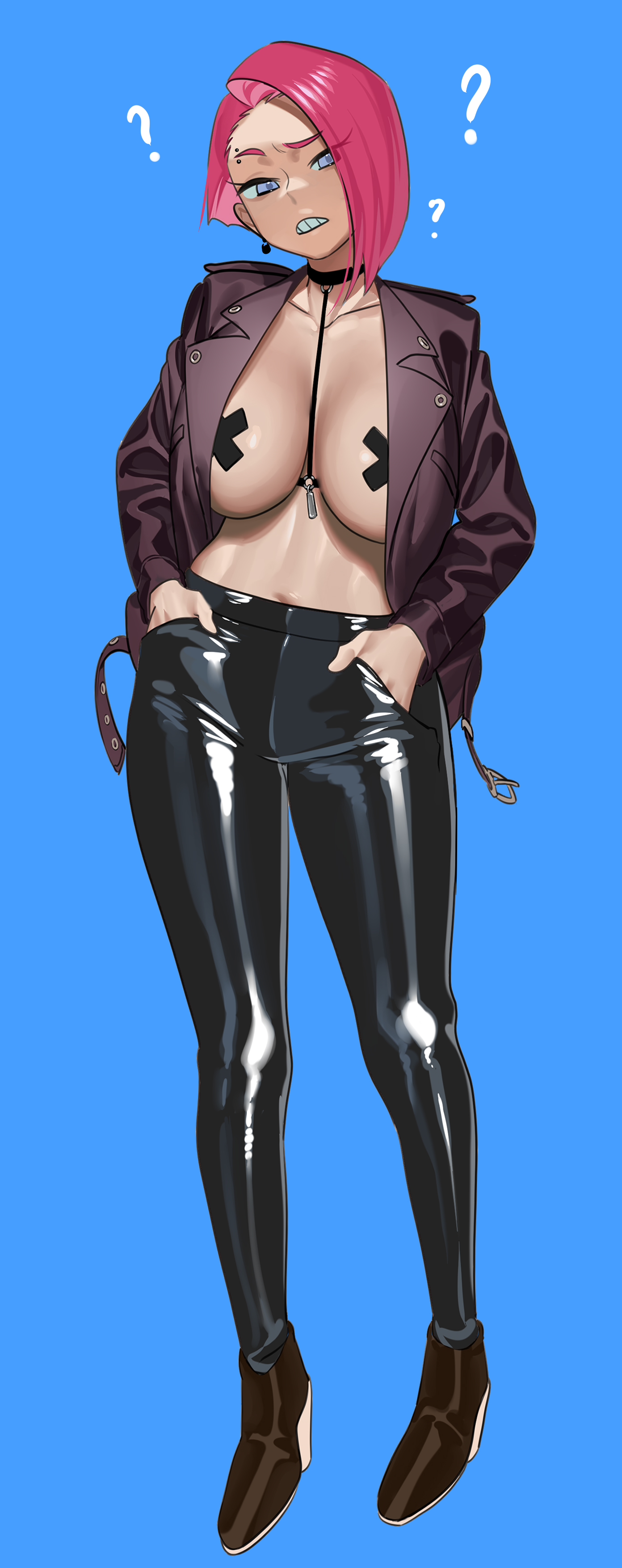 ?, absurdres, black pants, black pasties, blue background, blue eyes, breasts, brown jacket, earrings, eyebrow piercing, female, full body, hands in pockets, highres, jacket, jewelry, large breasts, nia (nia4294), nipple tape, open clothes, open jacket, original, pants, parted lips, pasties, piercing, pink hair, shiny, shiny clothes, short hair, simple background, solo, standing, x pasties