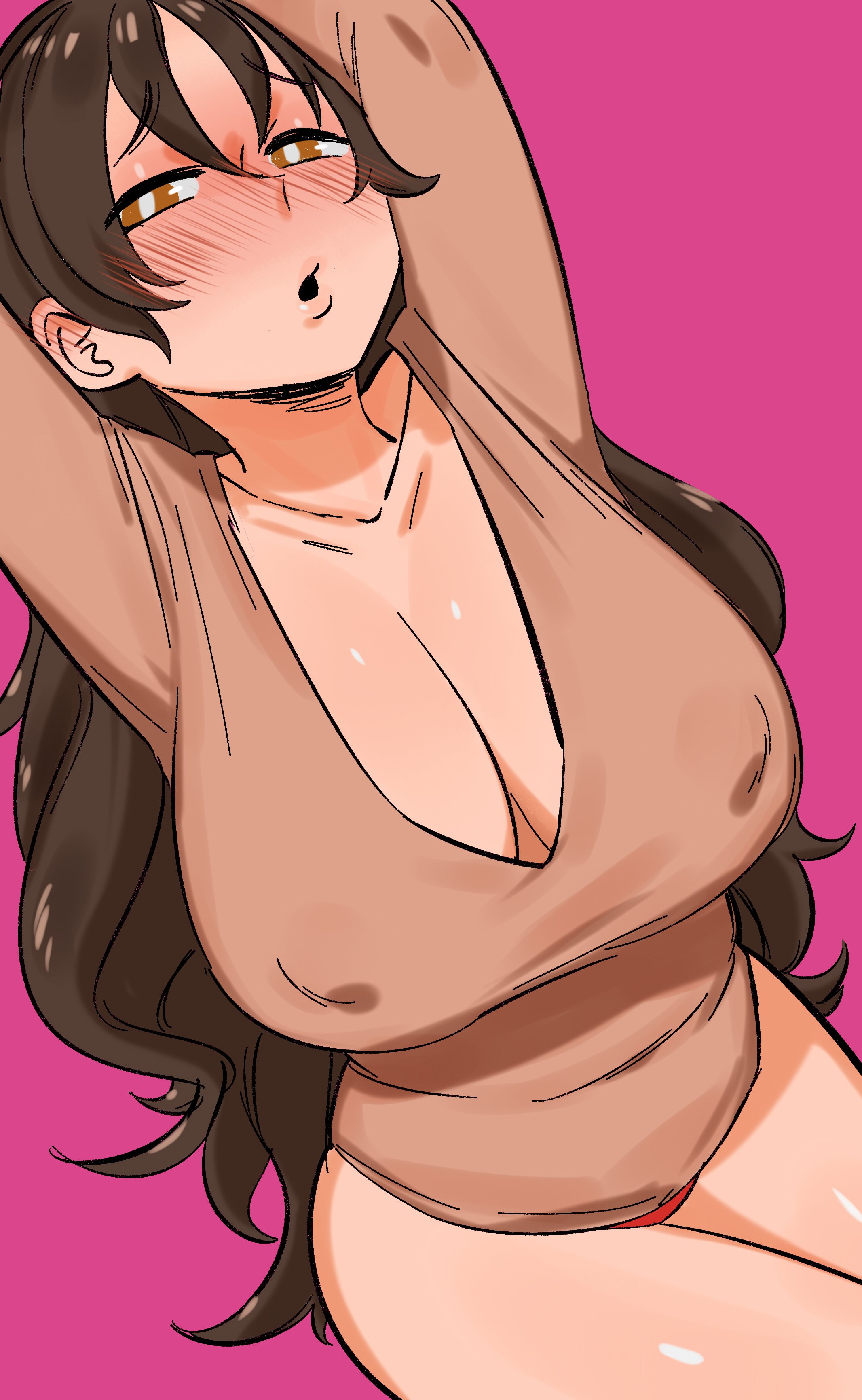 absurdres, arms up, blush, breasts, bright pupils, brown eyes, brown hair, cleavage, covered erect nipples, covered navel, cowboy shot, female, female only, hair between eyes, highres, large breasts, long hair, looking at viewer, nia (nia4294), nia4294, original, purple background, simple background, solo, very long hair, white pupils