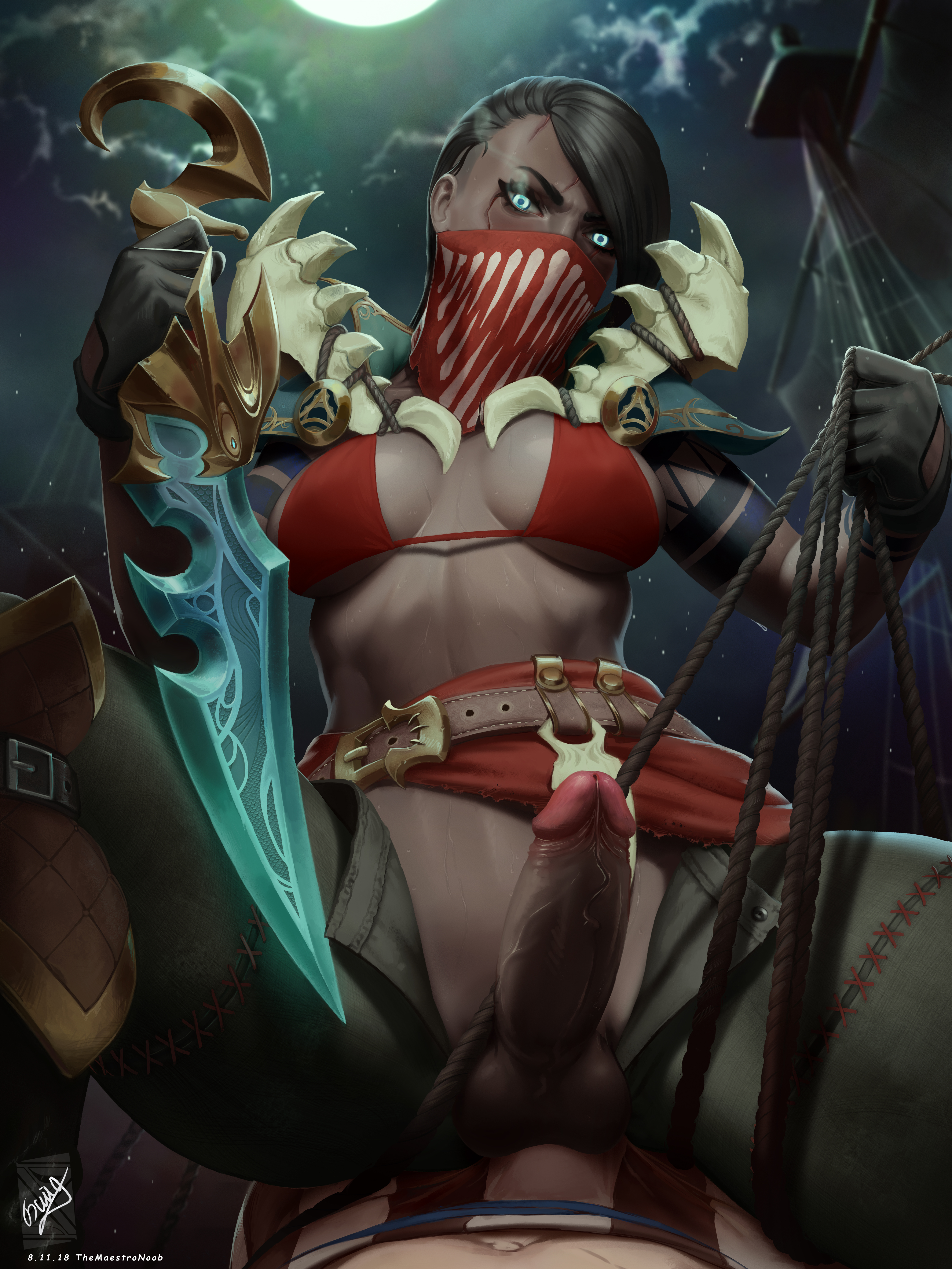 1boy, 1futa, balls, bikini, black hair, breasts, cleavage, clothed, clothing, curvy, dagger, dark skin, dark-skinned futa, erect nipples, erection, futa focus, futa sans pussy, futadom, futanari, glowing eyes, intersex, large breasts, large penis, league of legends, looking at viewer, male, male on futa, malesub, mask, mostly nude, night, nipple bulge, nipples, open fly, open pants, penis, penis out, pyke, rope, rule 63, solo focus, themaestronoob, weapon