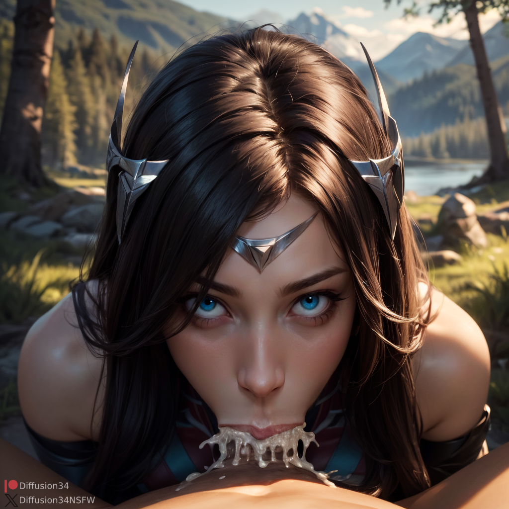 :>=, 1boy, 1girls, ai generated, black hair, blowjob, blowjob face, blue eyes, cloud, clouds, completely nude, cum, cum down throat, cum in mouth, cum in throat, cum inside, cum on penis, deepthroat, diffusion34, ejaculation, eye contact, eyebrows, eyelashes, face fucking, female, female focus, forehead protector, forest, hair, hair ornament, human, intense stare, intimate, irelia xan, league of legends, light skin, light-skinned female, light-skinned male, long hair, looking at viewer, male, male pov, mountain, mountains, nude, nude male, oral, oral creampie, oral penetration, outdoor sex, outdoors, outside, penis, penis in mouth, petite, pov, pov eye contact, riot games, seductive, seductive eyes, seductive look, seductive mouth, self upload, sky, slim, straight, sucking, sucking off, sucking penis, sunlight, tree, trees