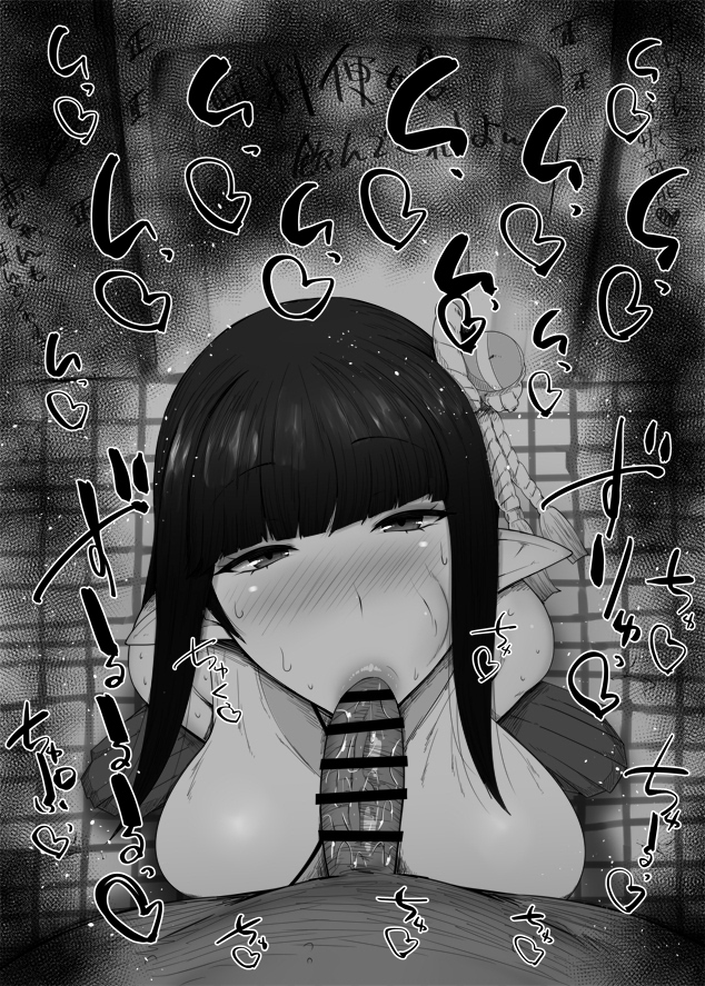 1boy, 1girls, big breasts, big penis, black and white, blowjob, blush, breasts, capcom, censored, detailed background, drooling, eyelashes, fellatio, female, hair ornament, heart, hinoa, humanoid, indoor, inside, interspecies, kurotama, long hair, looking at viewer, male, male pov, miko, monster hunter, oral, oral sex, penis, pointy ears, room, saliva, shiny, shiny skin, sketch, skirt, sound effects, squatting, sweat, text, vein, veins, veiny, veiny penis, video game, video games, wyverian