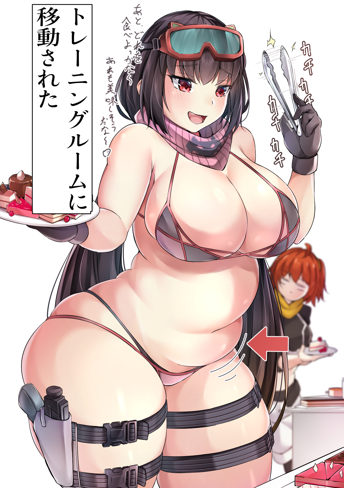 2girls, arrow (symbol), black bikini, blush, breasts, brown hair, chubby, fate (series), fate/grand order, female, food, fujimaru ritsuka (female), goggles on head, muyoshito, orange hair, osakabe-hime (fate), osakabe-hime (swimsuit archer), red eyes, scarf, swimsuit, thick thighs, wide hips