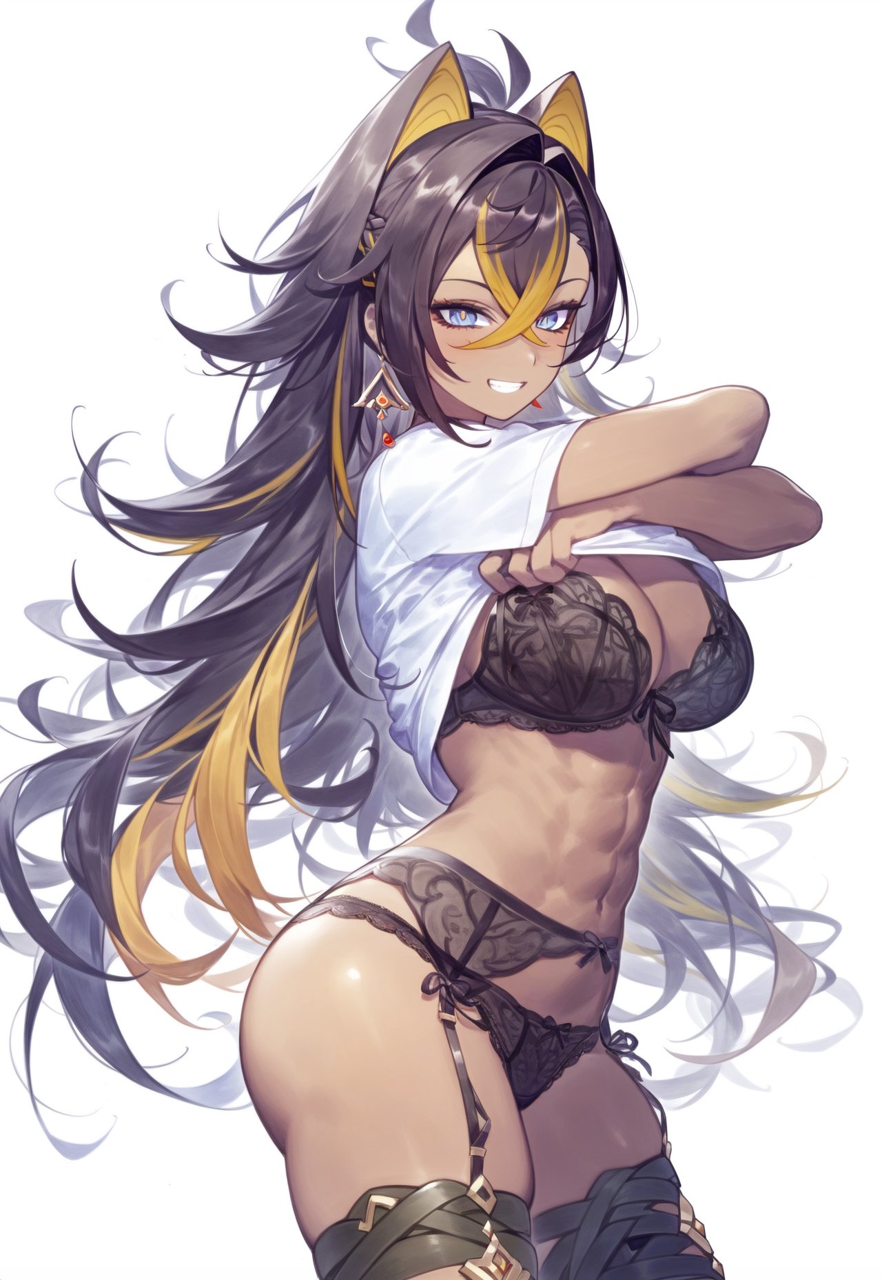 1girls ai_generated animal_ears big_ass big_breasts blonde_hair blue_eyes bra breasts brown_hair cat_ears cleavage cowboy_shot dark-skinned_female dehya_(genshin_impact) ear_piercing earrings female_only furry_ears garter_belt genshin_impact hoyoverse lace-trimmed_thighhighs lace_trim lingerie long_hair looking_at_viewer panties setsuaiart shirt_lift shirt_up six_pack smiling_at_viewer stockings thick thick_ass thick_thighs thigh_highs thighhighs two_tone_hair undressing white_background