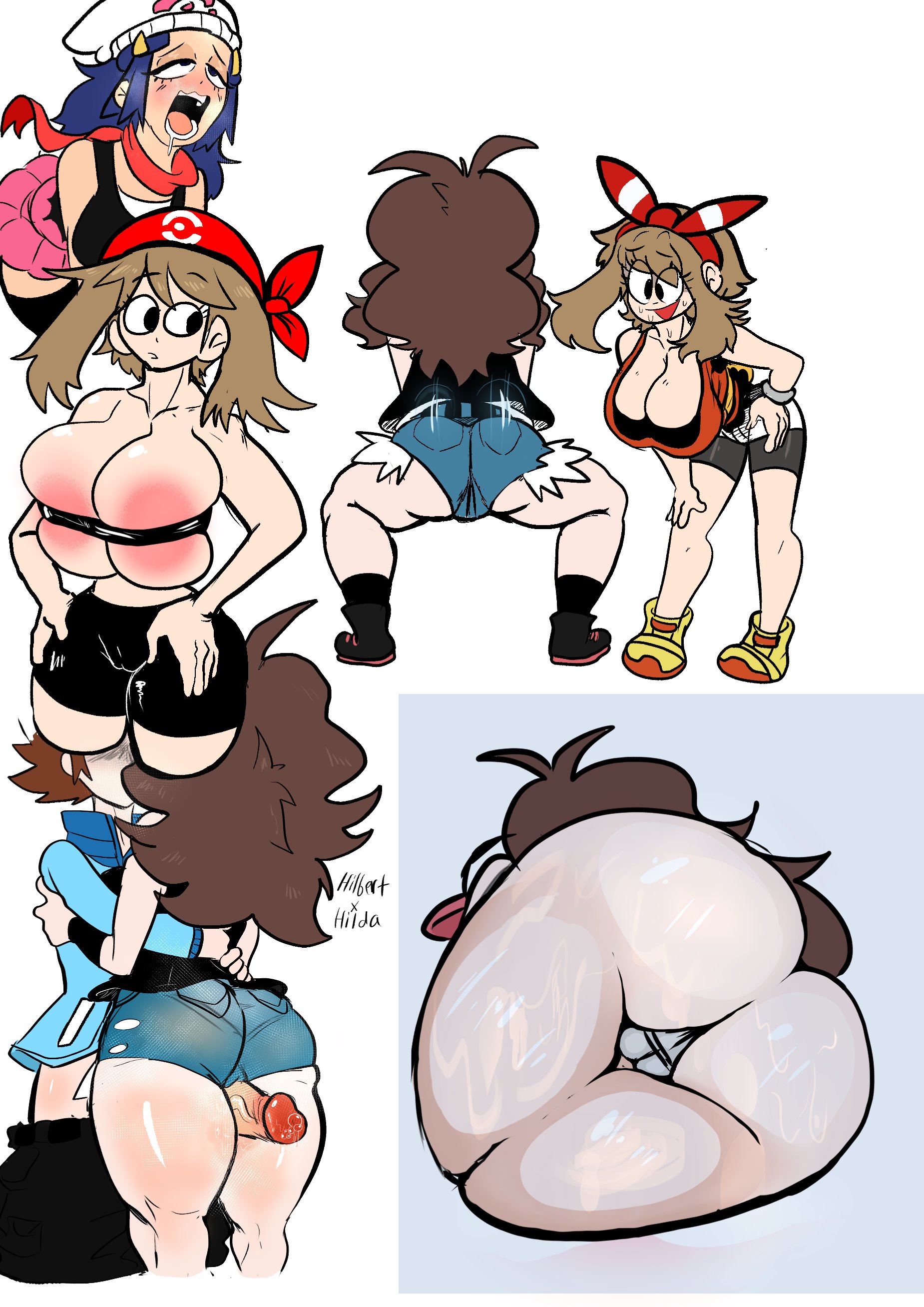1boy, 2021, 3girls, 5 fingers, ahe gao, ahegao, ass, assjob, bandana, beanie, big ass, big breasts, blue hair, blush, blushing, boots, booty shorts, bouncing ass, breasts, brown hair, buttjob, clothed, clothed female, clothed sex, cute, dawn (pokemon), female, hilbert (pokemon), hilda (pokemon), human, implied kiss, laced boots, lemonadepikachu, male, may (pokemon oras), may (pokemon rs), may (pokemon), mostly clothed, nintendo, pokemon, pokemon bw, pokemon dppt, pokemon oras, pokemon rse, pokemon trainer, precum, precum drip, red bandana, sweat, sweatdrop, sweating, tagme, thigh sex, thighjob, throwing it back, tight clothing, twerking, white beanie
