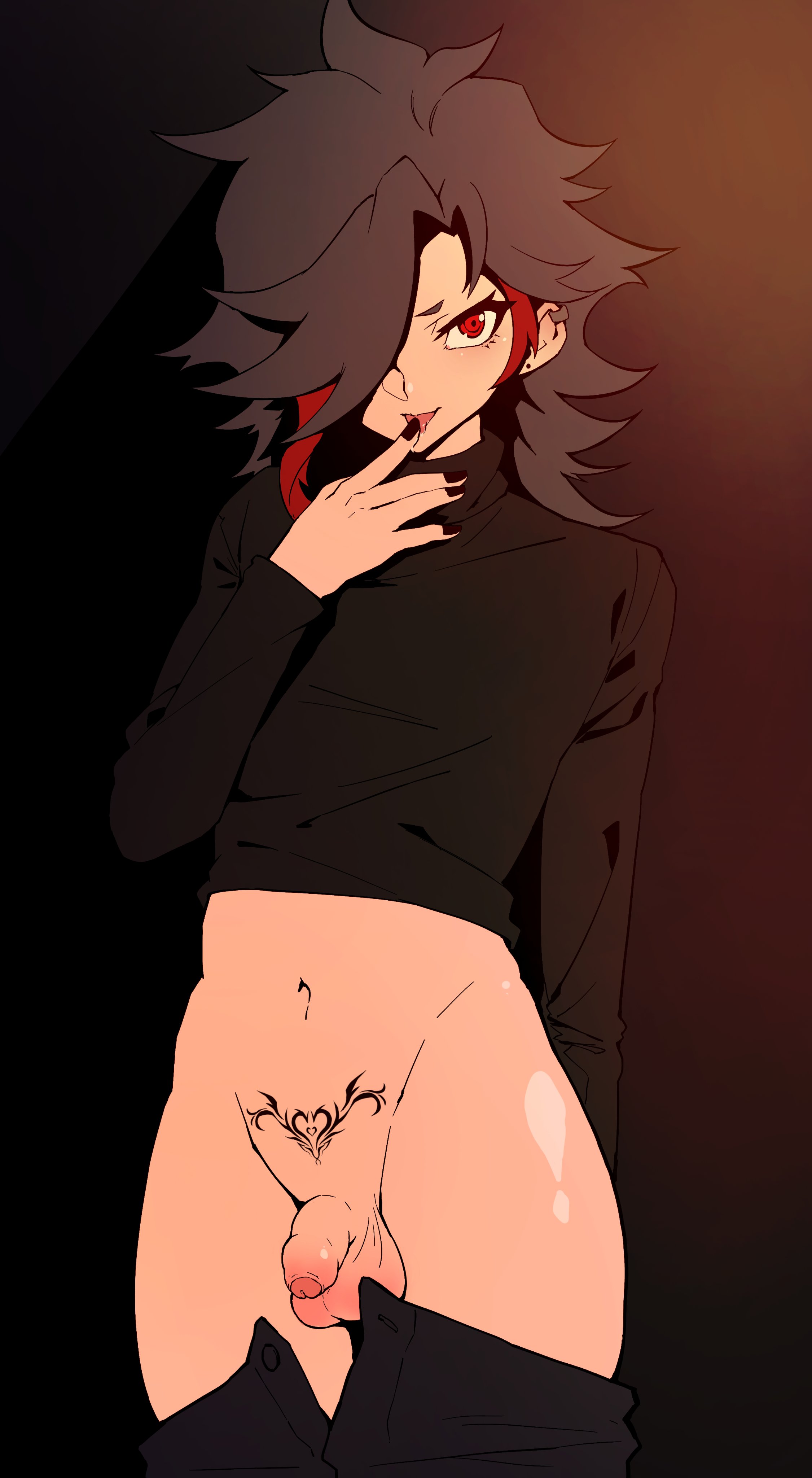 1boy, androgynous, balls, bottomless, curvy, curvy body, curvy figure, curvy hips, curvy thighs, femboy, feminine male, flaccid, flaccid penis, foreskin, hips, light skin, light-skinned male, looking at viewer, male, male only, morinosuke, nail polish, original, pale skin, pale-skinned male, penis, pose, posing, pubic tattoo, red eyes, sissy, skinny, small penis, solo, tattoo, thighs, trap, uncircumcised, wide hips