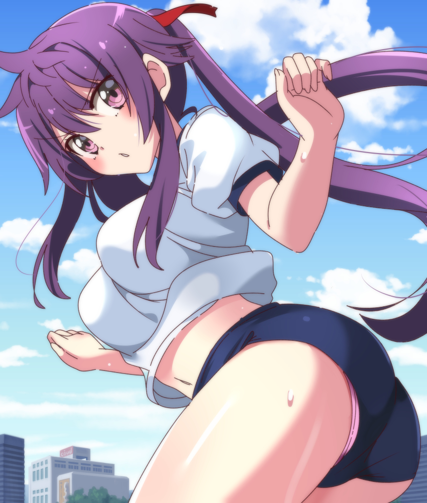 absurdres bangs blush building buruma ebisuzawa_kurumi female gakkou_gurashi! hair_between_eyes highres long_hair looking_at_viewer purple_eyes purple_hair sweat twintails underwear v-shaped_eyebrows