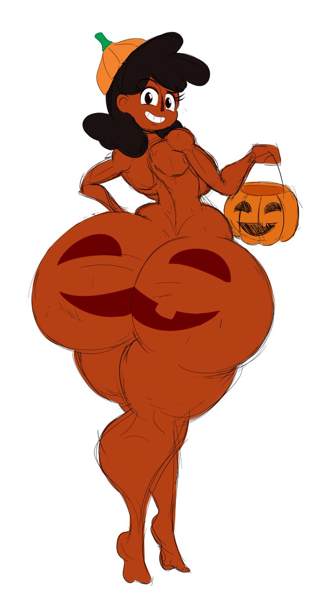 1girls black_hair chokolatta dark_skin halloween holidays huge_ass large_ass looking_back naked painted_ass pumpkin pumpkin_butt rule_63 standing tasteofchoklit thick_thighs