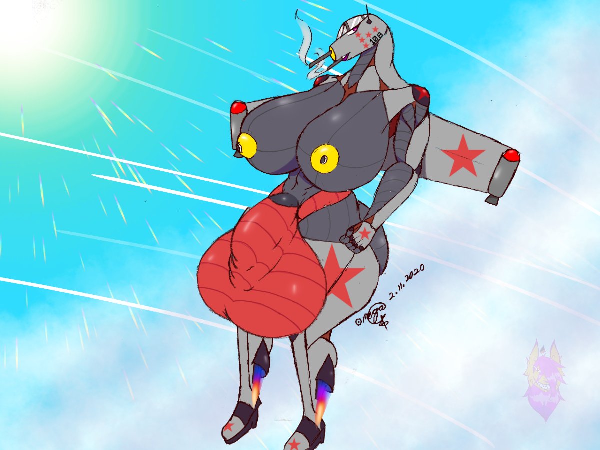 aircraft airplane anthro balls big_balls big_breasts breasts clothing flying genitals herm huge_balls hyper hyper_balls hyper_genitalia intersex jet_thrusters krasnyy_sadovnik living_aircraft living_machine living_vehicle machine omegaterasu_(artist) solo thick_thighs thong underwear vehicle