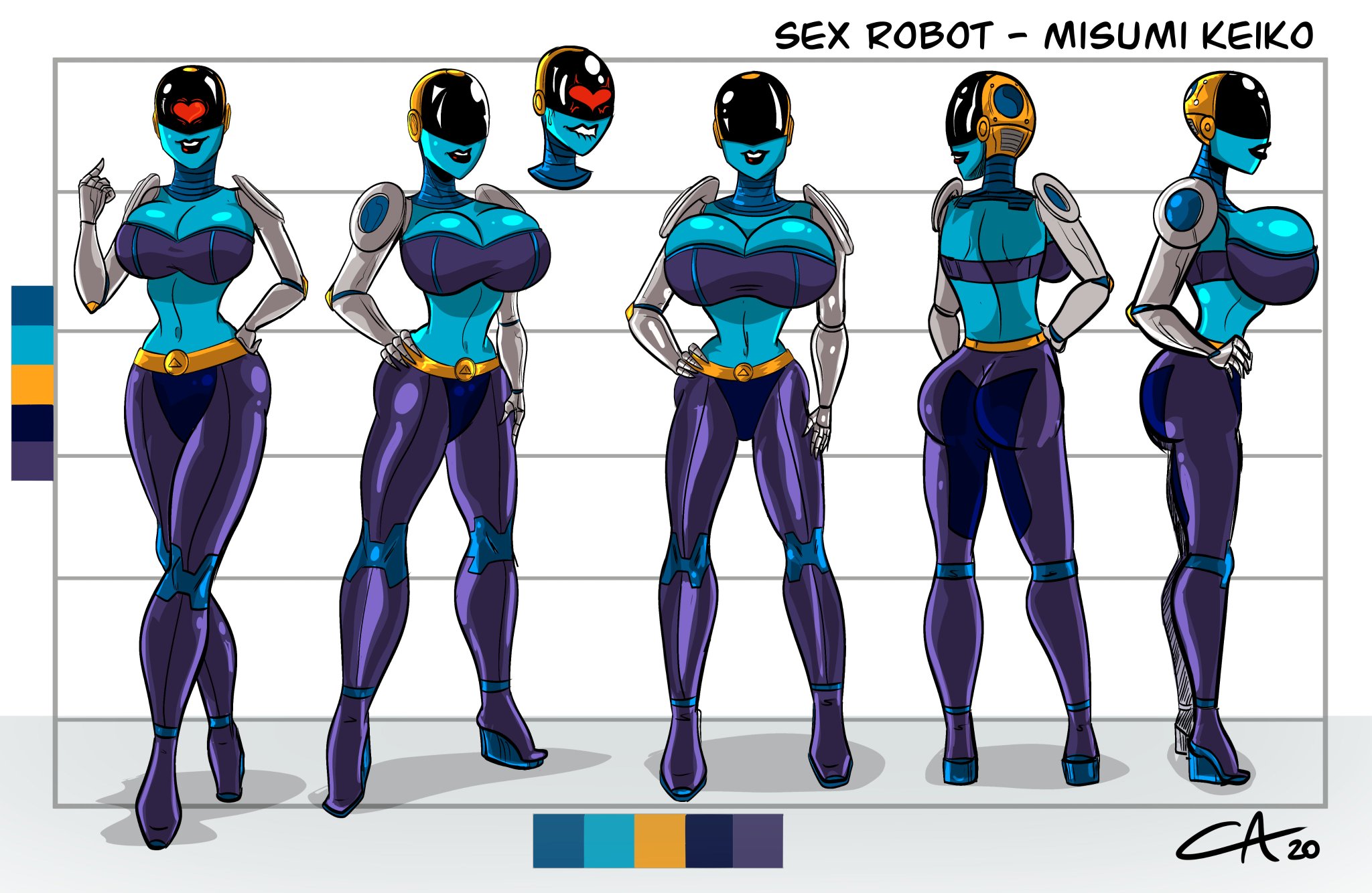1girls, ameizing lewds, apple butt, artist name, ass, background, big ass, big breasts, big butt, blue body, blue skin, breasts, bubble ass, bubble butt, bust, busty, cleavage, female, female focus, female only, gynoid, heart, hips, huge breasts, humanoid, hyper, hyper breasts, large ass, lower body, machine, massive breasts, misumi keiko, open mouth, original, original character, robot, robot humanoid, solo, solo female, upper body, voluptuous, wide hips