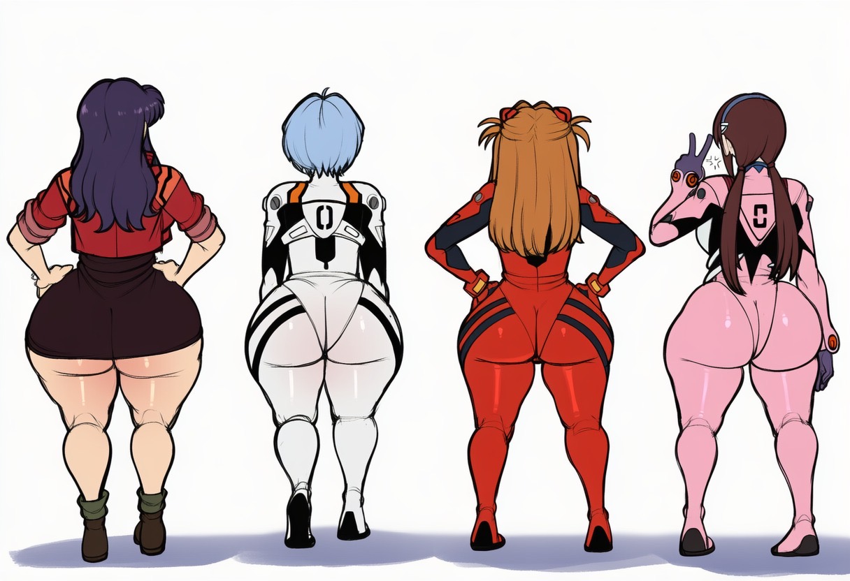 4girls, ai generated, ass, ass chart, ass comparison, ass focus, asuka langley sohryu, blue hair, bodysuit, brown hair, comparing, curvy, full body, huge ass, mari illustrious makinami, miniskirt, misato katsuragi, neon genesis evangelion, novelai, orange hair, plugsuit, purple hair, rei ayanami, shiny clothes, shiny skin, take your pick, twintails, v, waifu, white background, wide hips