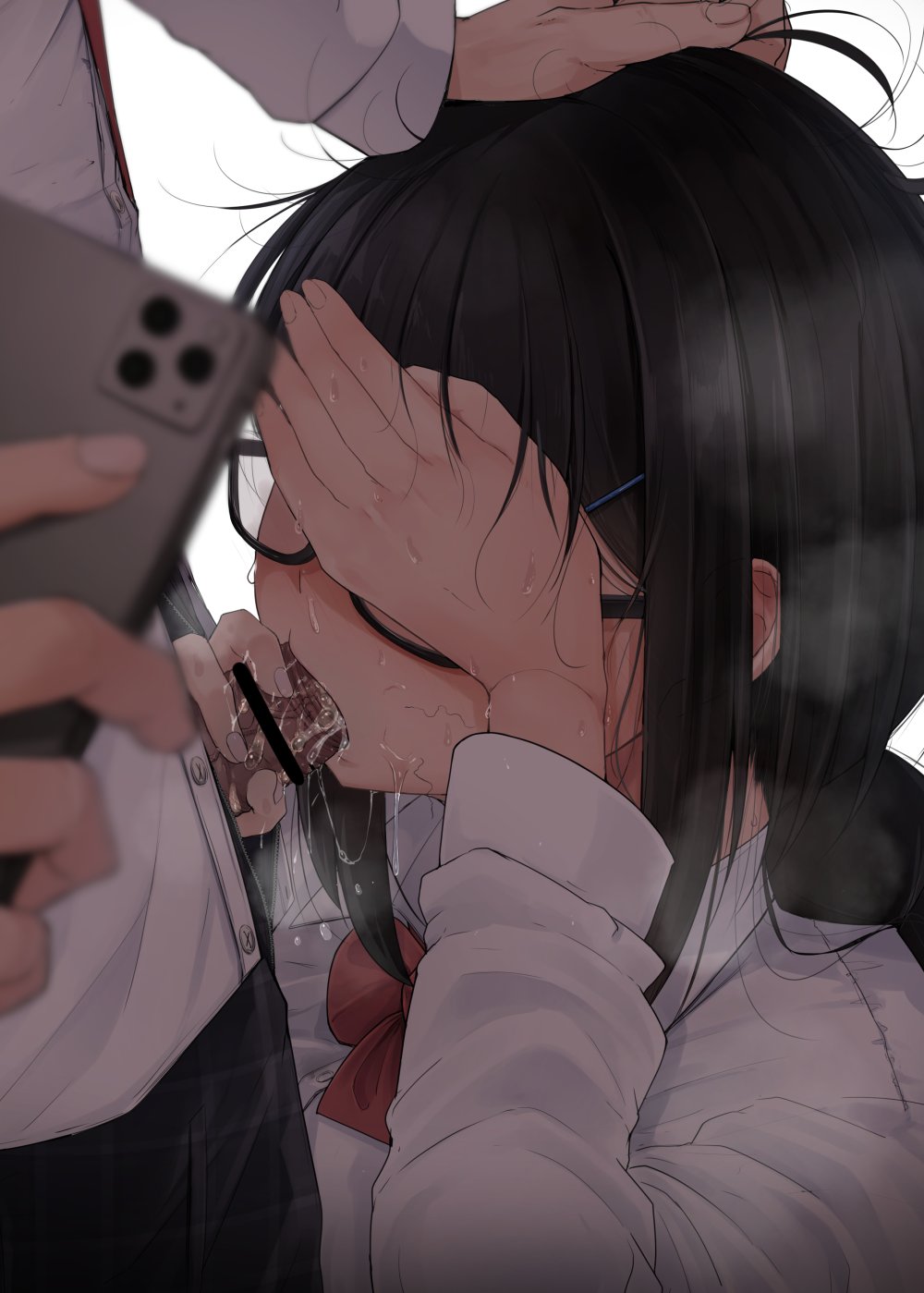 1boy bangs black_hair bow bowtie breasts cellphone censored covering covering_eyes fellatio female flanvia glasses hair_ornament hairclip hand_on_another's_head highres jimiko long_hair long_sleeves messy_hair oral original pants penis phone plaid plaid_pants red_neckwear saliva school_uniform selfie shirt sidelocks simple_background smartphone solo_focus stray_pubic_hair sweat twin_braids white_background white_shirt