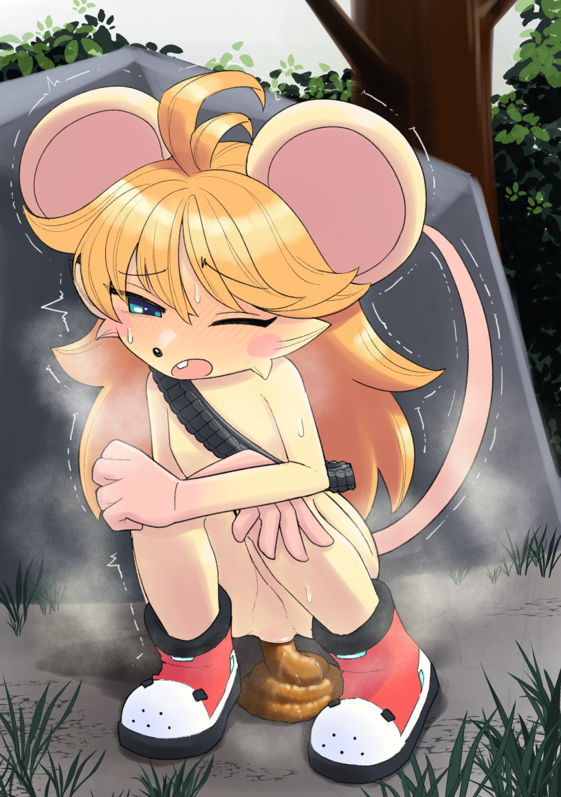 anthro belt blonde_hair blue_eyes blush blush_stickers bodily_fluids buckteeth chizune's_exploration_of_universes chizune_(soya_1st) clothing feces female footwear hair long_hair mammal mostly_nude mouse murid murine rodent scat scat shoes sneakers solo sweat tail teeth unoroute unousaya