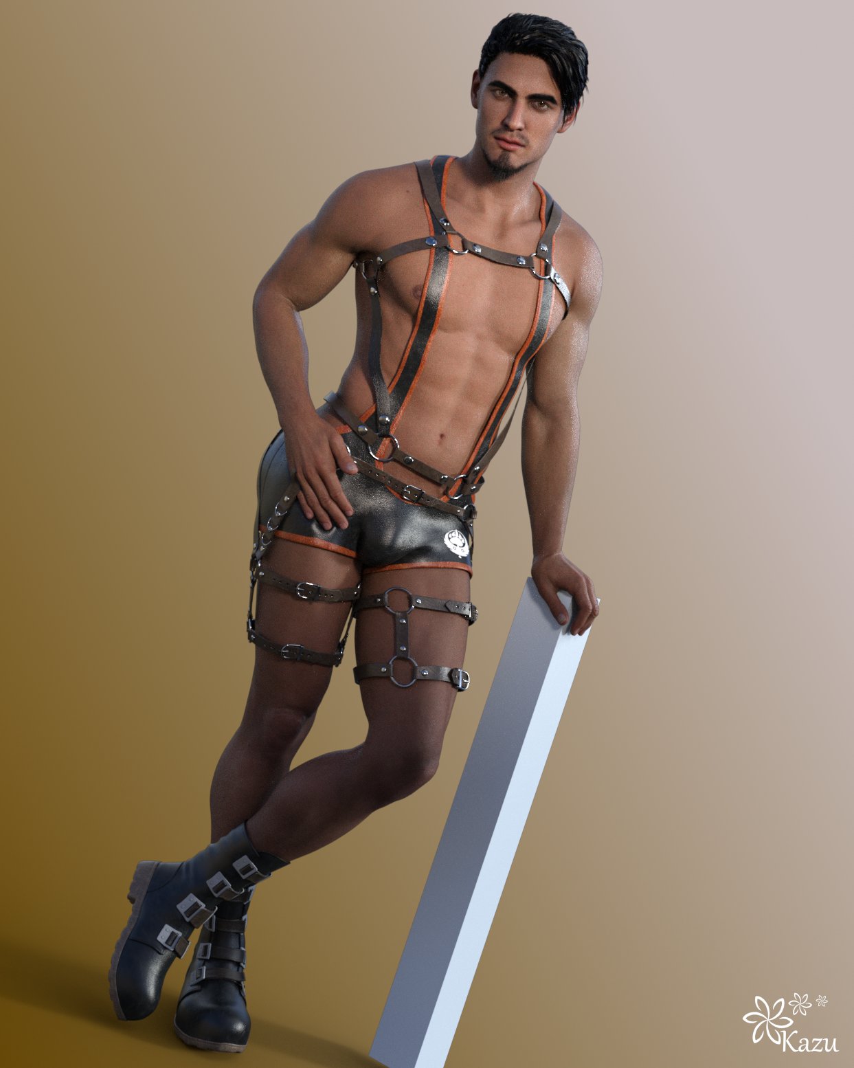 1boy 1human 1male 3d 3d_(artwork) 3d_model beefy black_hair brown_eyes fetish_gear hairy hairy_body hairy_male kazuworks male male_focus male_only muscles muscular muscular_male oc original original_character skimpy_outfit solo solo_focus solo_male