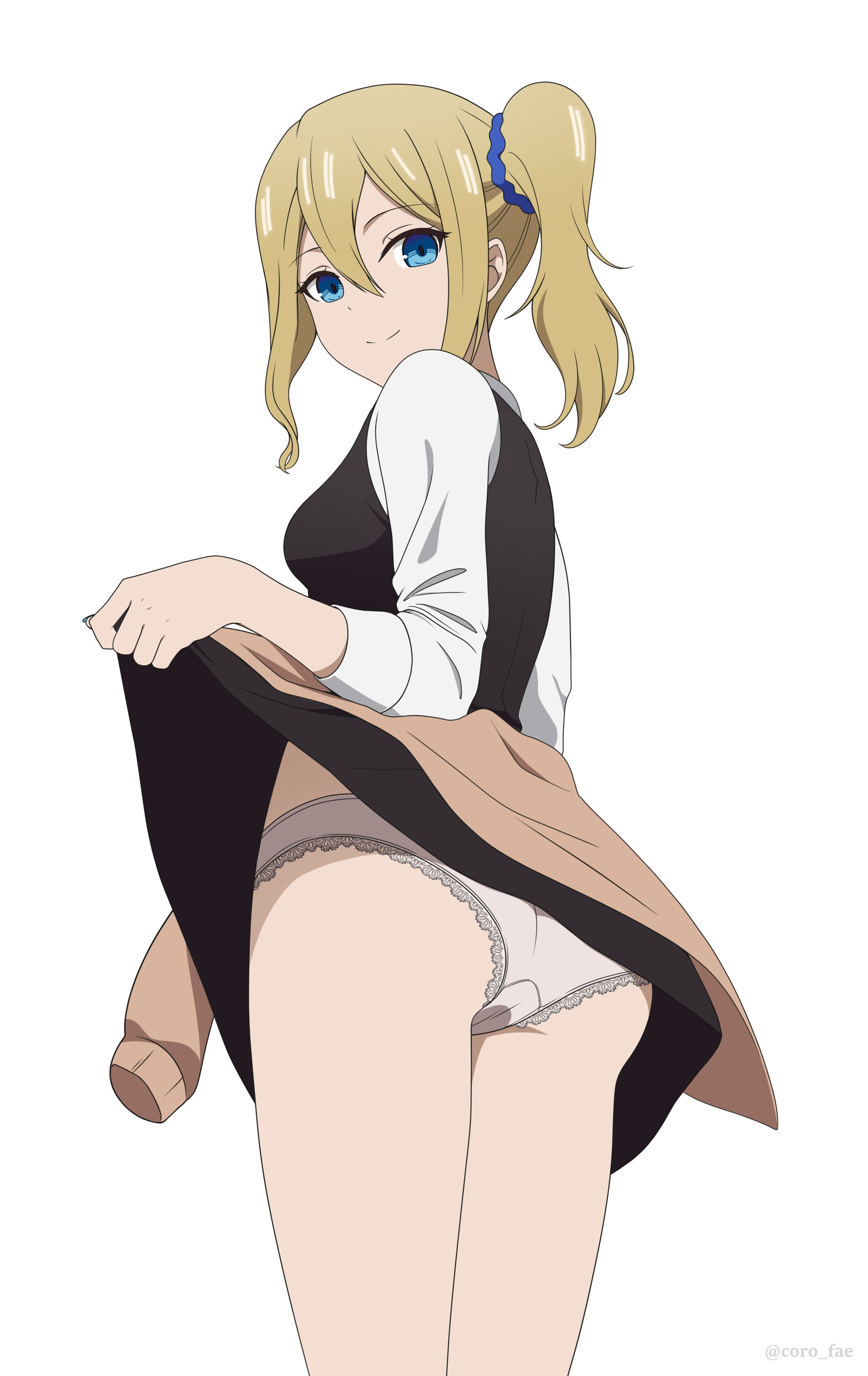 1girls, absurd res, absurdres, accurate art style, ass, bare legs, bare thighs, blonde hair, blue eyes, blue hairband, breasts, coro fae, female, female focus, female only, fingers, hair ornament, hairband, hayasaka ai, high resolution, highres, kaguya-sama wa kokurasetai ~tensai-tachi no renai zunousen~, legs, light skin, long hair, looking at viewer, medium breasts, official style, school uniform, schoolgirl, side ponytail, simple background, simple shading, skirt, skirt lift, slender waist, slim waist, smile, solo, standing, student, teenager, thick ass, thick thighs, thighs, thin waist, white background, white panties