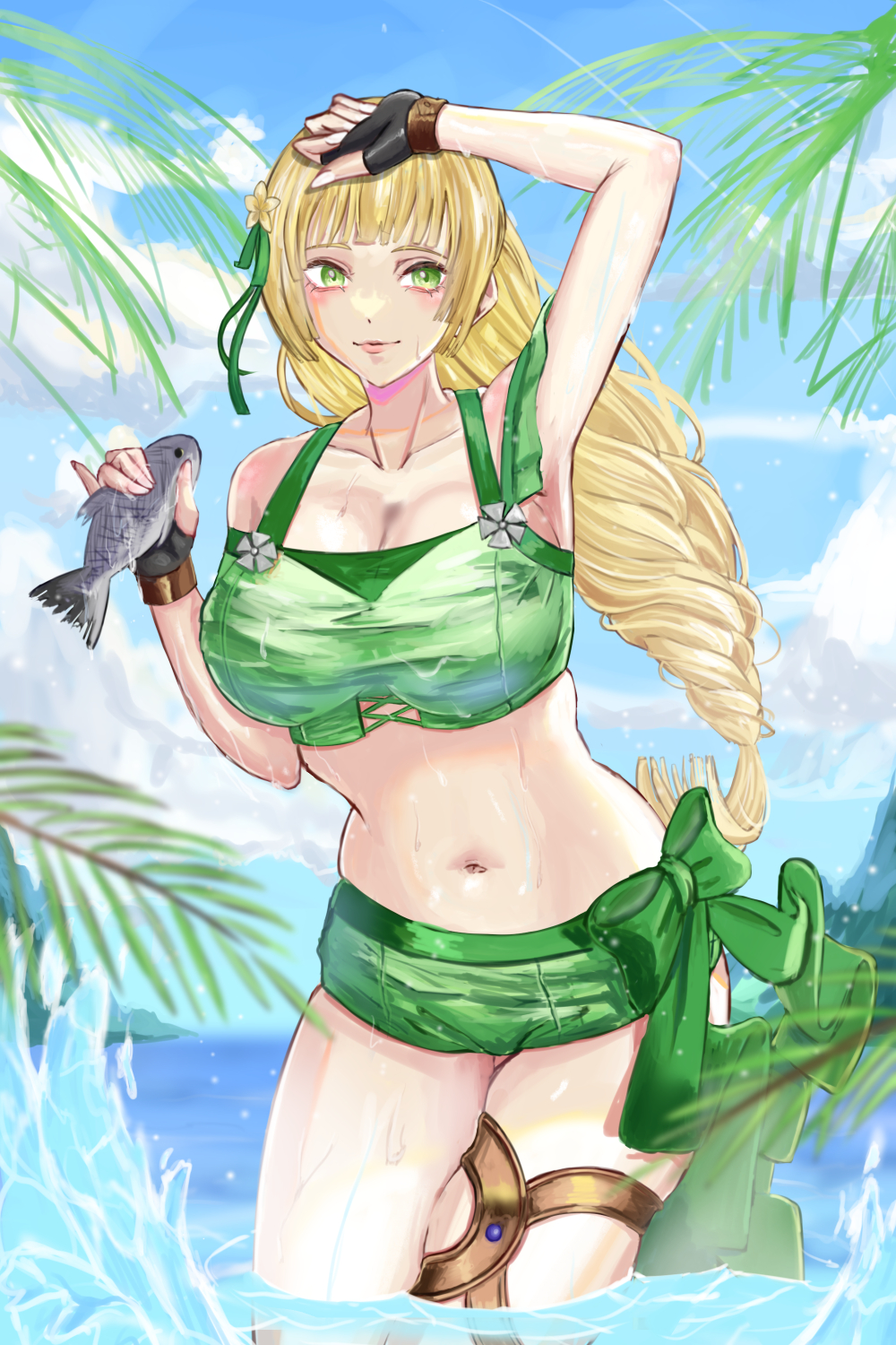 1girls alboeire alternate_costume arm_up armpits bare_shoulders bikini black_gloves blonde_hair blue_sky bow breasts cleavage cloud day female female female_only fingerless_gloves fire_emblem fire_emblem:_three_houses fire_emblem_heroes fish gloves green_bikini green_bow green_eyes green_swimsuit highres holding ingrid_brandl_galatea large_breasts long_hair navel nintendo off-shoulder_bikini off_shoulder short_sleeves sky solo standing stomach swimsuit thighs very_long_hair wading water