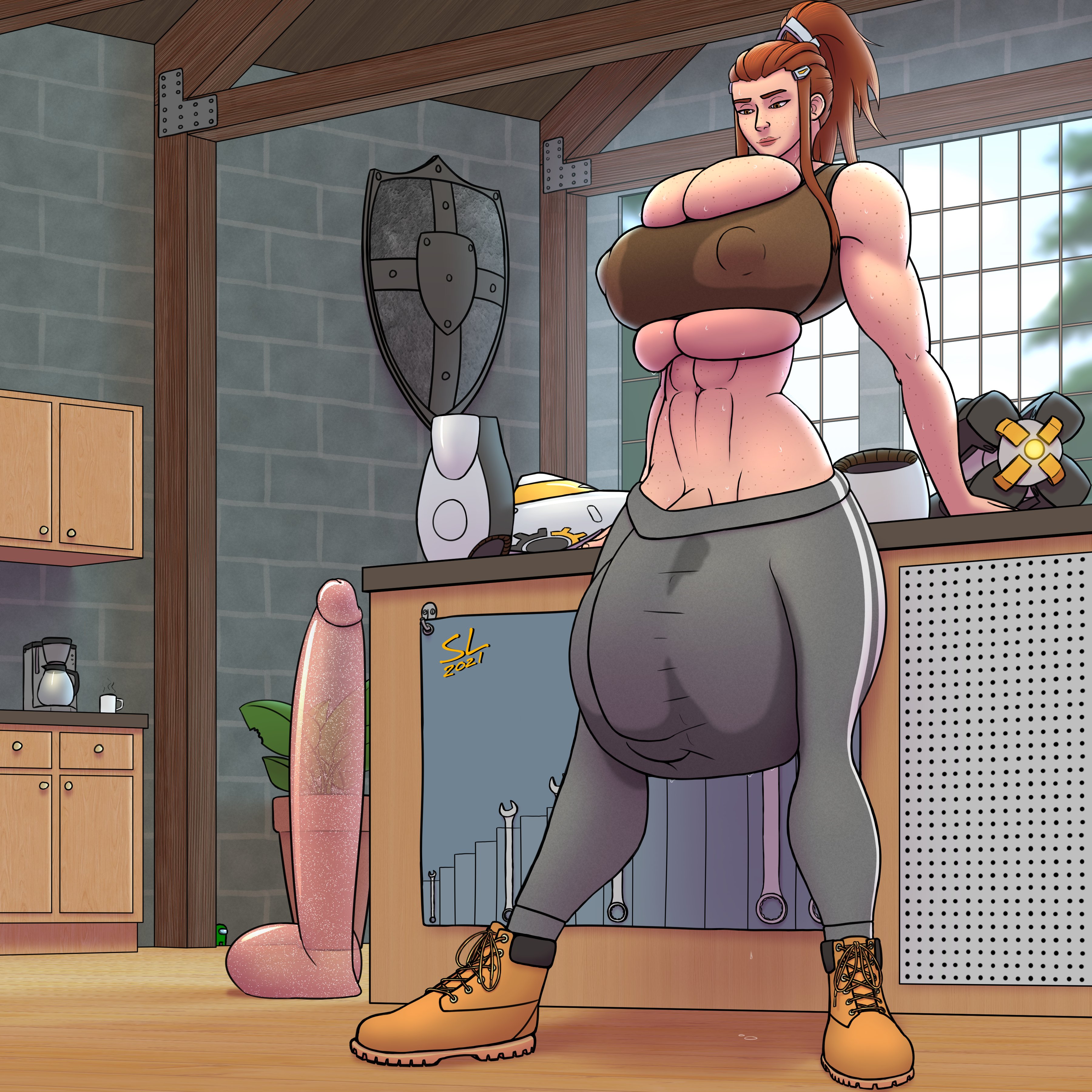1futa, 2d, abs, absurdres, balls, breast press, breast squeeze, breasts, brigitte, bulge, clothed, clothing, futa only, futanari, highres, huge balls, huge breasts, huge cock, huge penis, huge testicles, human, hyper balls, hyper penis, hyper testicles, intersex, light skin, mostly clothed, muscles, muscular, muscular futa, oversized balls, overwatch, pale skin, penis, penis under clothes, puffy nipples, solo, sparklinglava, standing, testicles, tight clothing