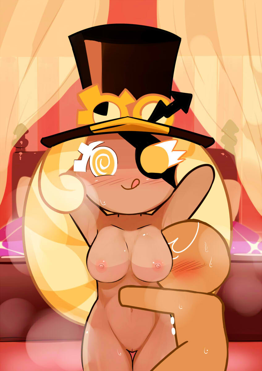 1boy, 1girls, arms up, bedroom, blonde hair, blush, breasts, cleft of venus, completely nude, cookie run, eyelashes, eyepatch, female, female focus, gingerbrave, happy, hat, hepshu (artist), horny, hugging, long hair, male, medium breasts, naked, naked female, navel, nude, nude female, posing, presenting, pussy, smile, solo, solo female, spiral, spiral eyes, sweat, sweating, tagme, timekeeper cookie, tongue, tongue out, top hat, vagina, yellow eyes