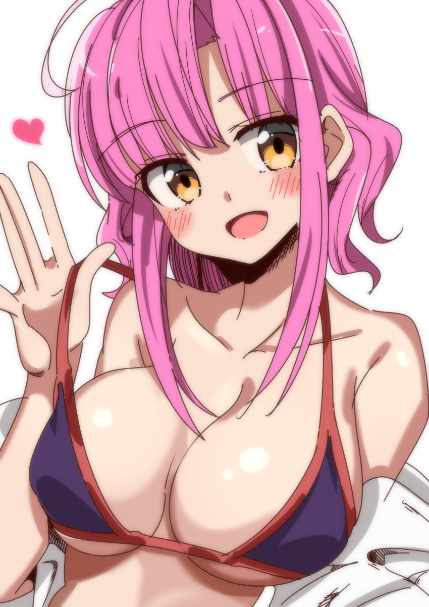 :d bangs bikini bikini_top blue_bikini blush breasts collarbone eyebrows_visible_through_hair female gakkou_gurashi! heart large_breasts looking_at_viewer medium_hair open_mouth pink_hair sakura_megumi simple_background sketch smile solo swimsuit upper_body waifu2x waifu_sakura_megumi white_background yellow_eyes