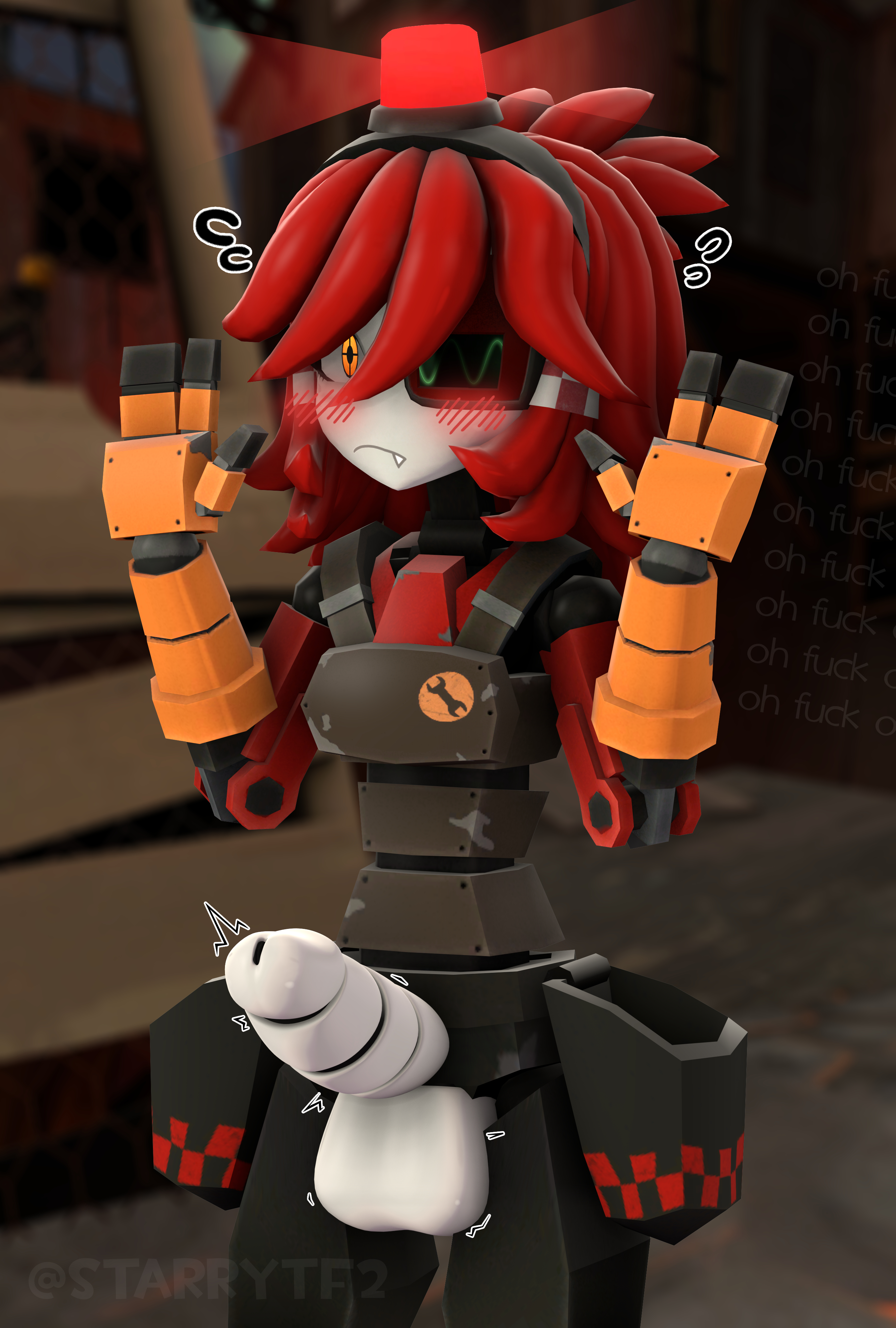 1boy, 3d, awkward erection, blush, blush lines, colored hair, dell spencer, dispenser (team fortress 2), english, english text, femboy, girly, male, male only, mechanical penis, metallic body, novaprosp3kt, penis, penis out, ponytail, red hair, robot, robot boy, robot humanoid, robot joints, robot penis, robotic arm, self upload, sfm, short hair, solo, source filmmaker, sweatdrop, team fortress 2, twitter username, white skin