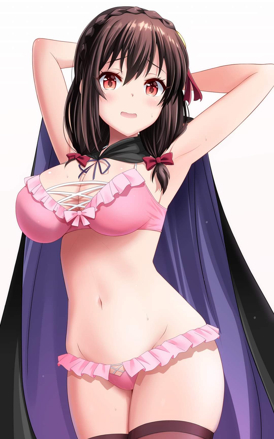 1girls, brown hair, female, female only, kono subarashii sekai ni shukufuku wo!, lingerie, pink lingerie, solo, yunyun (konosuba)