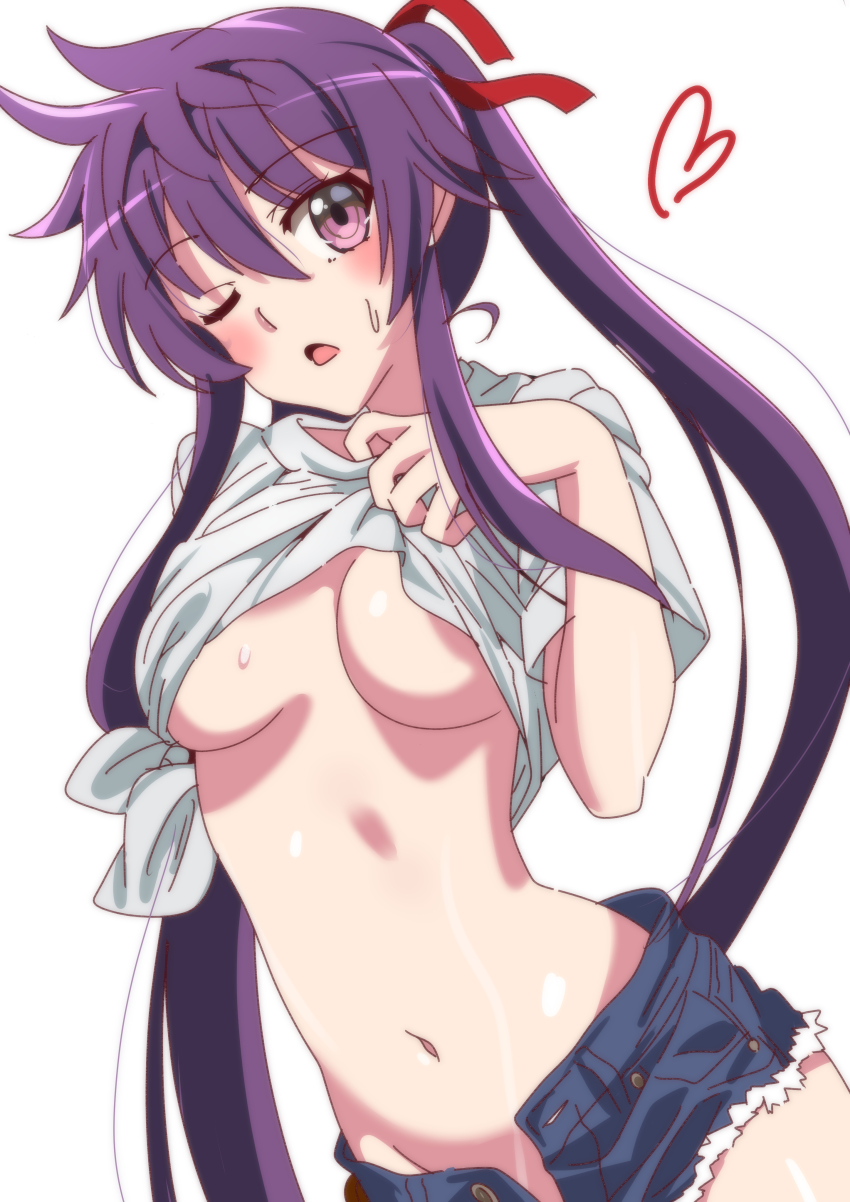 1girls absurdres blush breasts denim_short_shorts denim_shorts ebisuzawa_kurumi female female_only gakkou_gurashi! heart highres lifted_by_self long_hair looking_at_viewer medium_breasts navel one_eye_closed open_mouth purple_eyes purple_hair shirt_lift shorts sinakyo tagme twintails