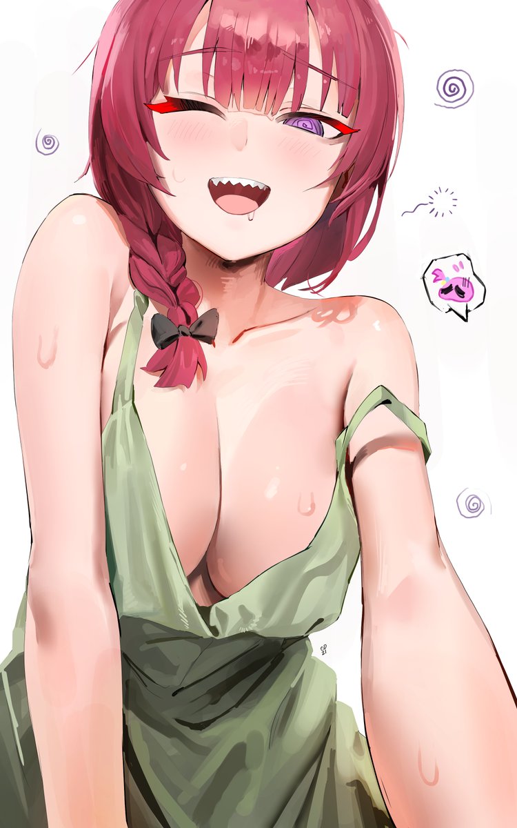 1girls adult bare_arms bare_shoulders bocchi_the_rock! braid braided_hair braided_ponytail cleavage collarbone dripping drunk female female_focus female_only green_dress hiroi_kikuri large_breasts looking_at_viewer medium_breasts odyssey_21 one_eye_closed open_mouth purple_eyes red_hair saliva sharp_teeth smile sweat sweatdrop sweating