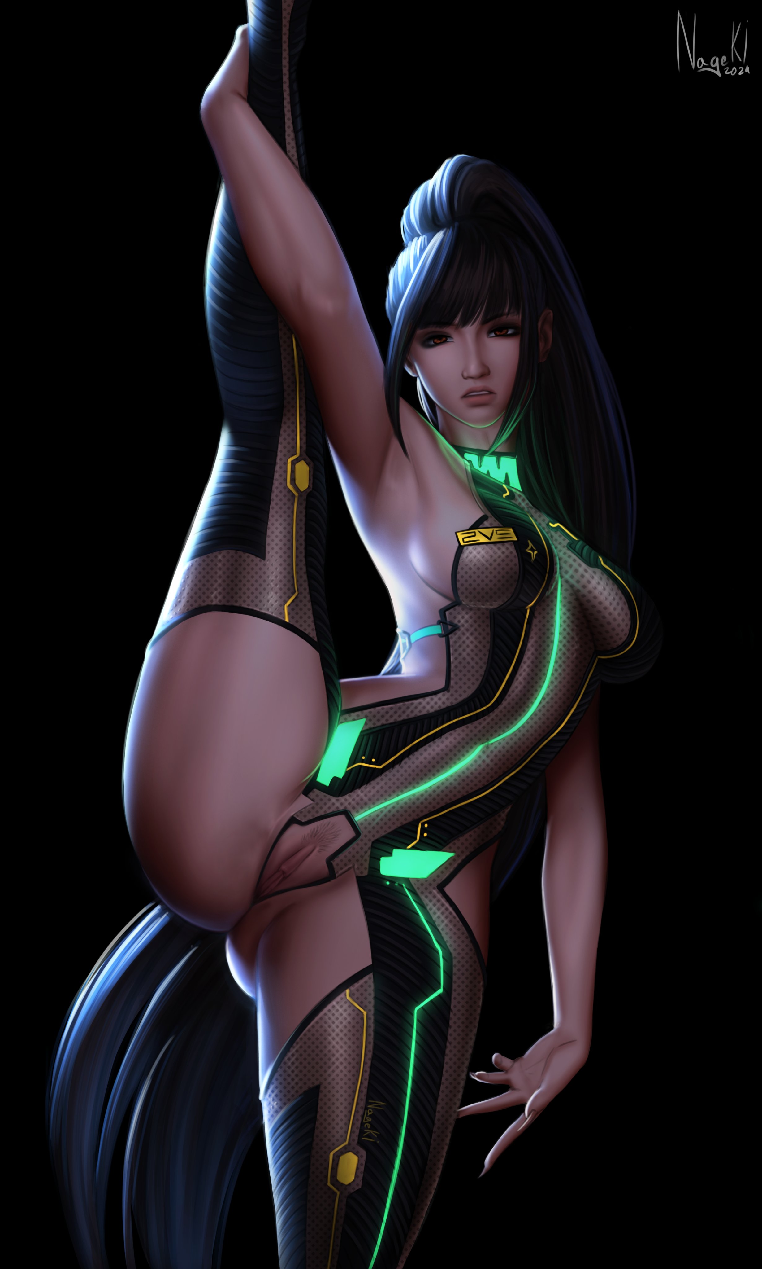 1girls, bangs, black hair, breasts, cutout, dark hair, eve (stellar blade), female, female focus, female only, holding leg, leg up, legs, legs up, long hair, looking at viewer, medium breasts, nageki (artist), prototype planet diving suit (stellar blade), pubic hair, pussy, pussy hair, simple background, solo, stellar blade, straight hair, thick thighs, thighhighs, thighs, very long hair