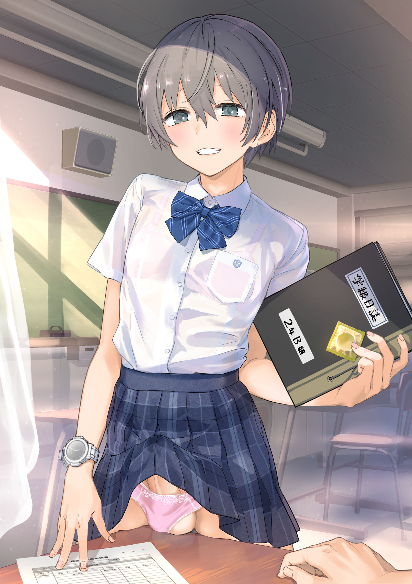 1boy, blue eyes, female, femboy, grey hair, light skin, light-skinned femboy, light-skinned male, male, male only, onomi9ta, penis, penis under clothes, school uniform, schoolgirl, short hair, smile, solo, teacher and student, trap