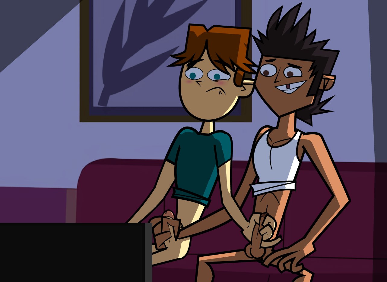 2boys big_penis blue_eyes bottomless_male brown_eyes brown_hair cock cody_(tdi) couch dick duo gay handjob male_only mike_(tdi) mutual_masturbation smile tdda19 tooth_gap total_drama:_revenge_of_the_island total_drama_island