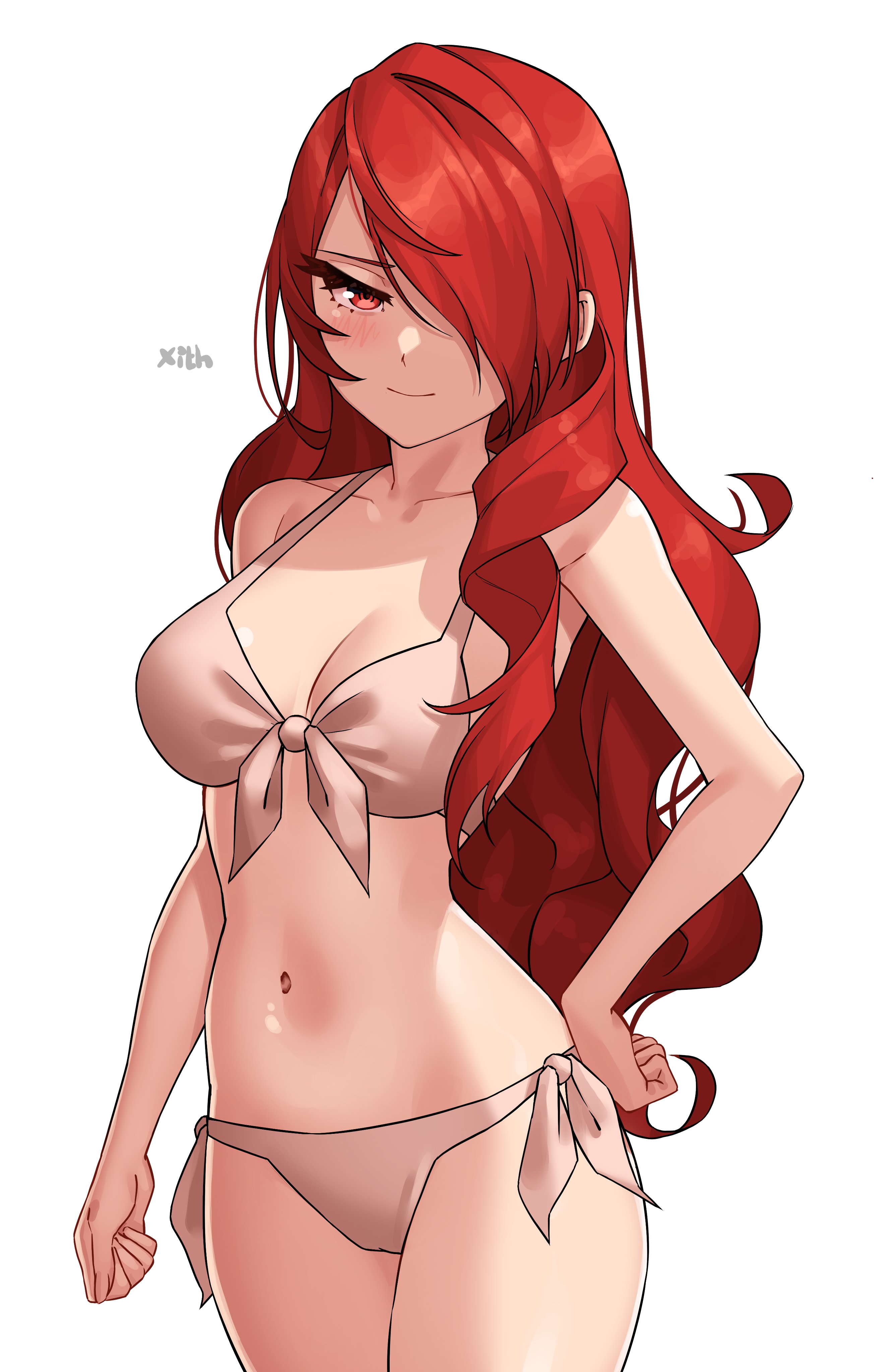 1girls, absurdres, alternate costume, atlus, bare arms, bikini, blush, breasts, cleavage, embarrassed, english commentary, female, female only, front-tie bikini top, front-tie top, hair over one eye, highres, kirijou mitsuru, large breasts, long hair, mitsuru kirijo, navel, paid reward available, persona, persona 3, red eyes, red hair, side-tie bikini bottom, simple background, solo, stomach, swimsuit, thighs, wavy hair, x xith x